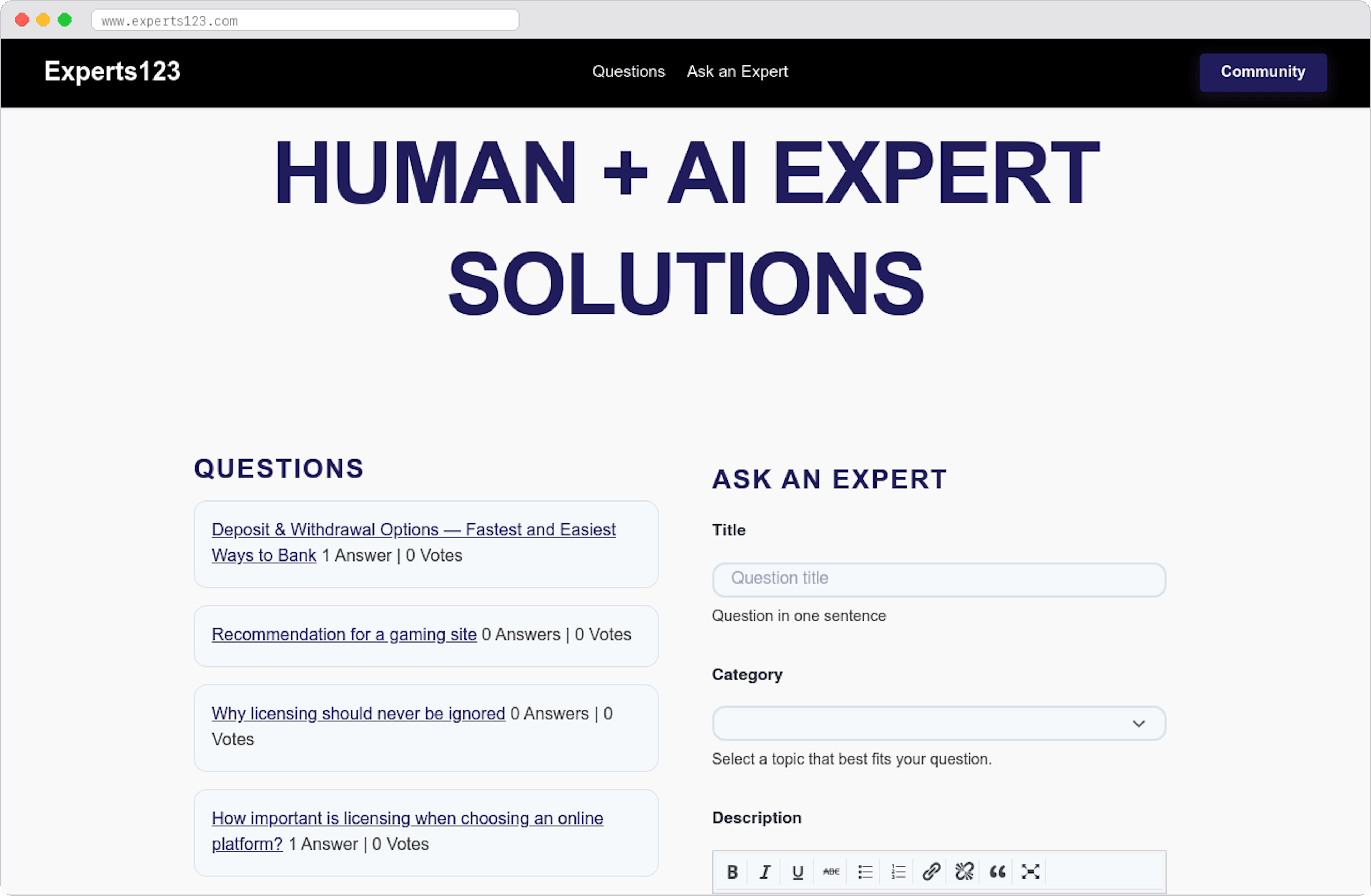 Experts123 marketplace homepage screenshot