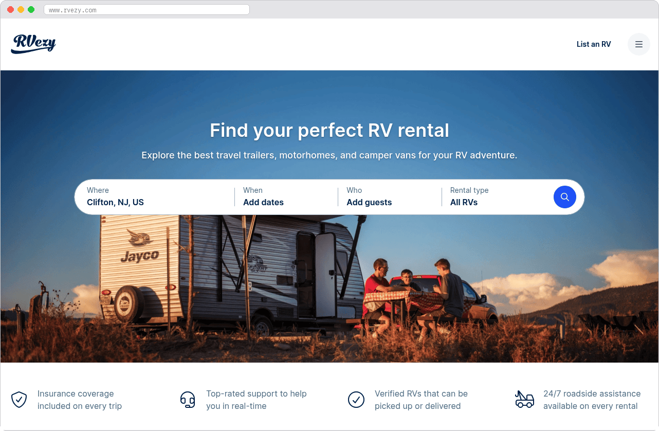 RVezy marketplace homepage screenshot
