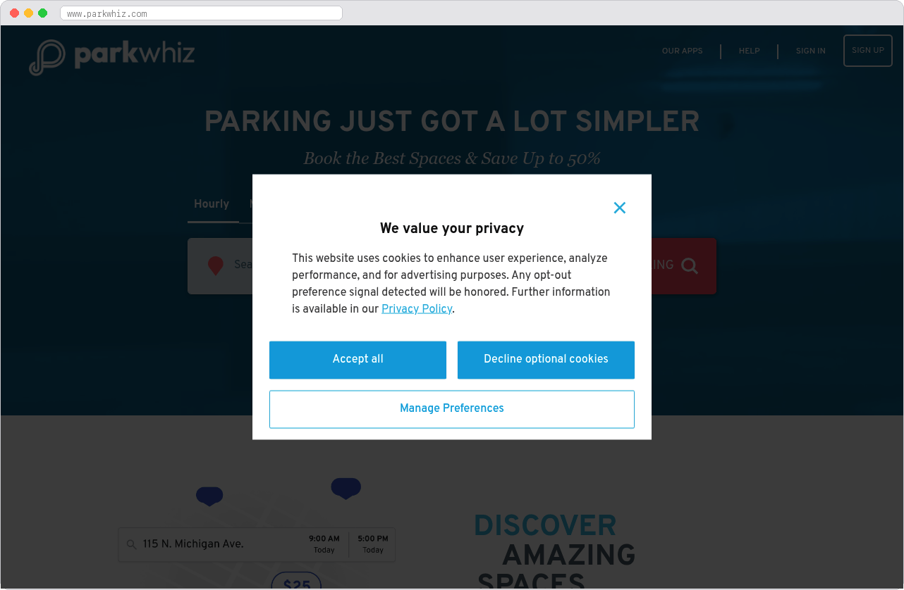ParkWhiz marketplace homepage screenshot