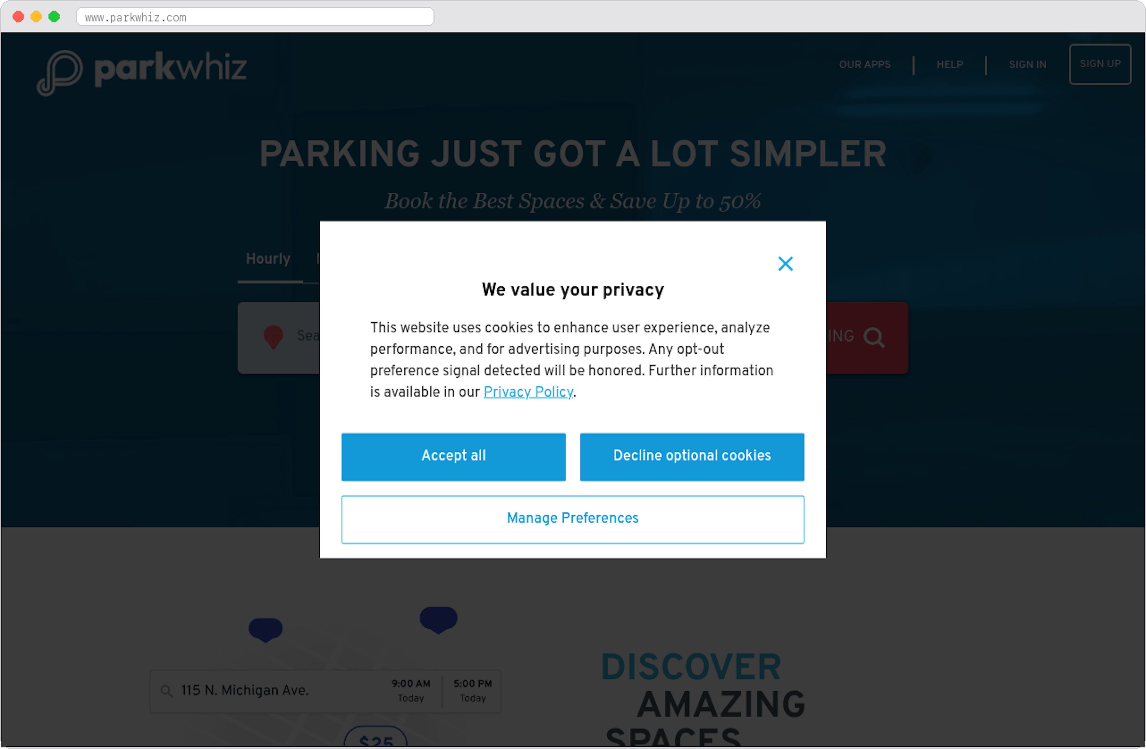 ParkWhiz marketplace homepage screenshot