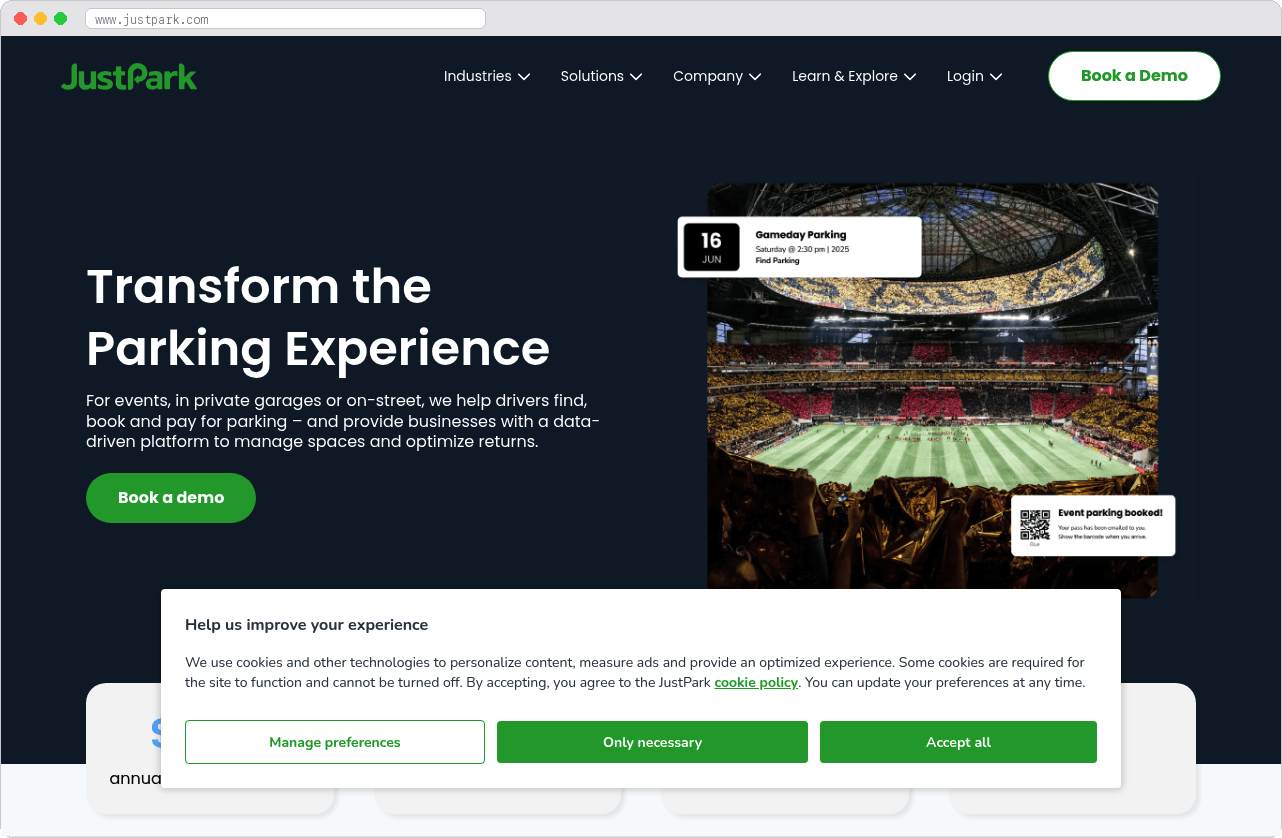 JustPark marketplace homepage screenshot