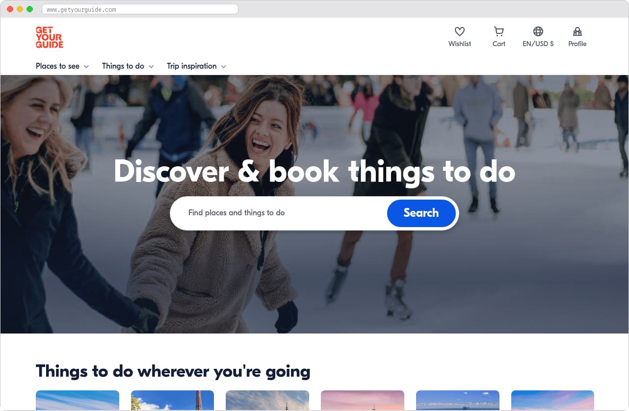 GetYourGuide marketplace homepage screenshot