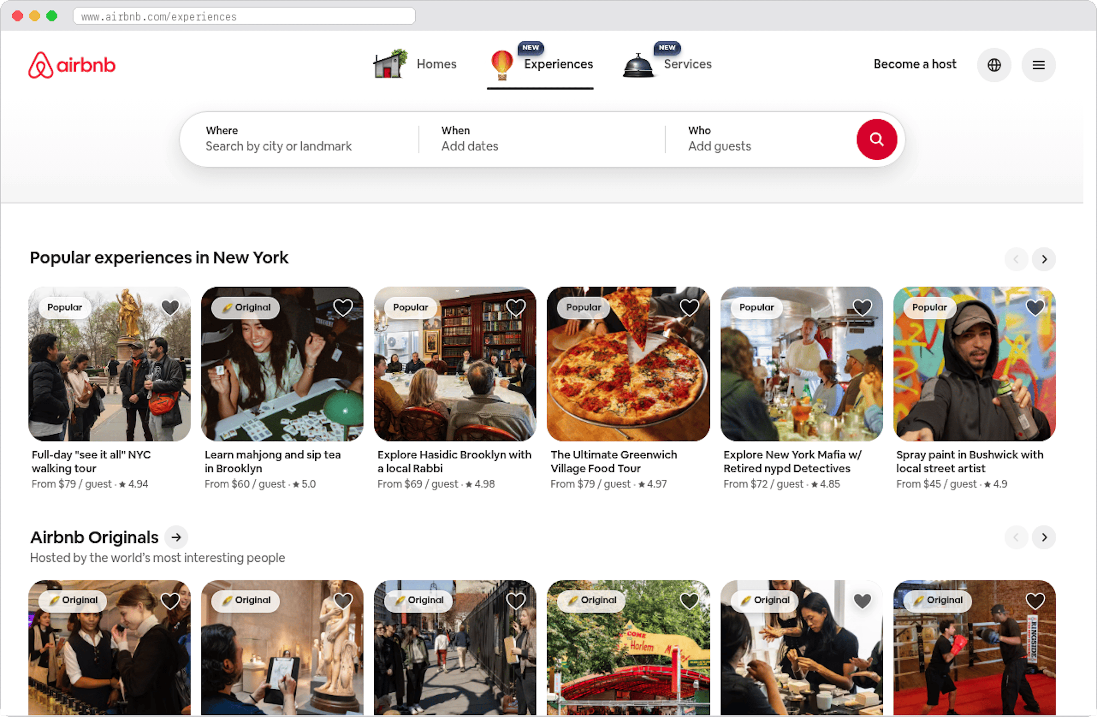 Airbnb Experiences marketplace homepage screenshot