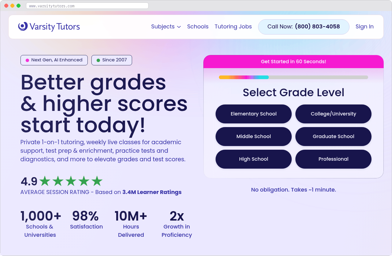 Varsity Tutors marketplace homepage screenshot
