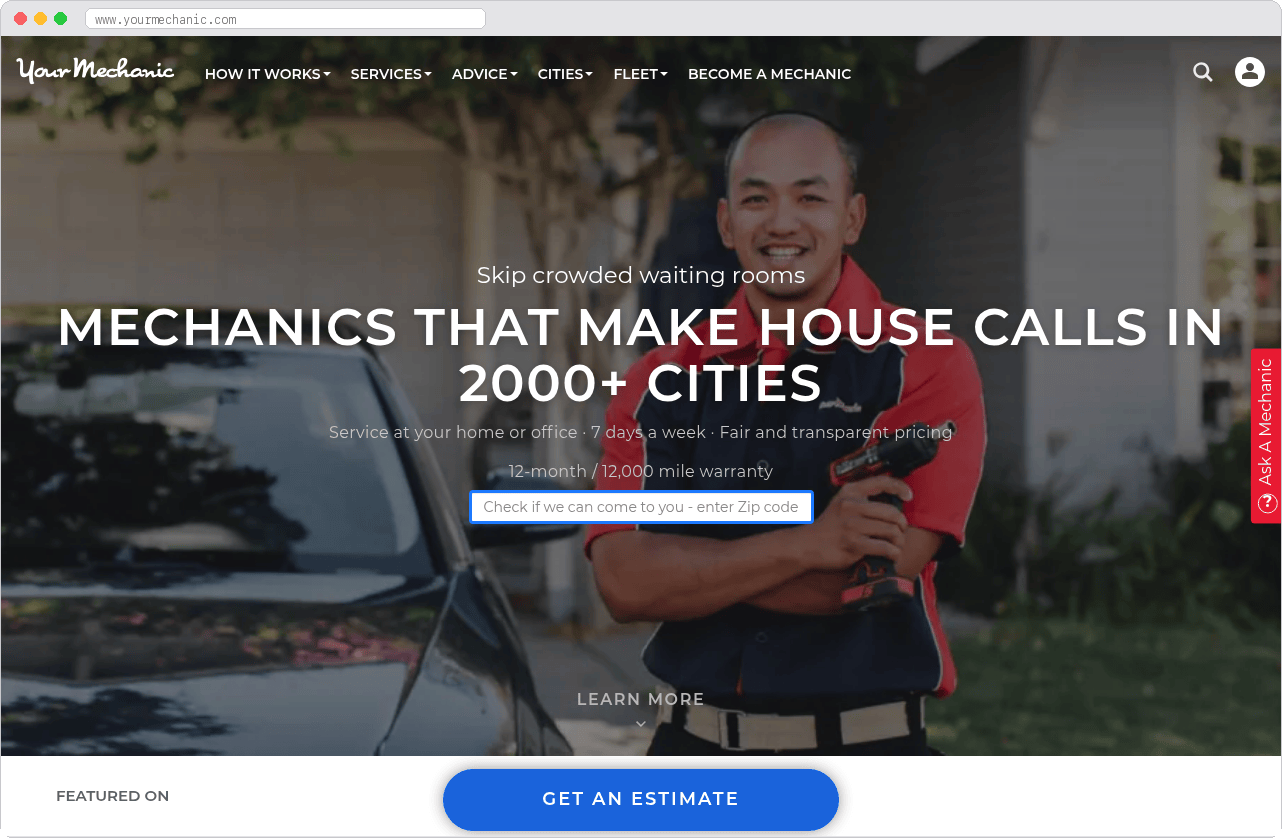 YourMechanic marketplace homepage screenshot