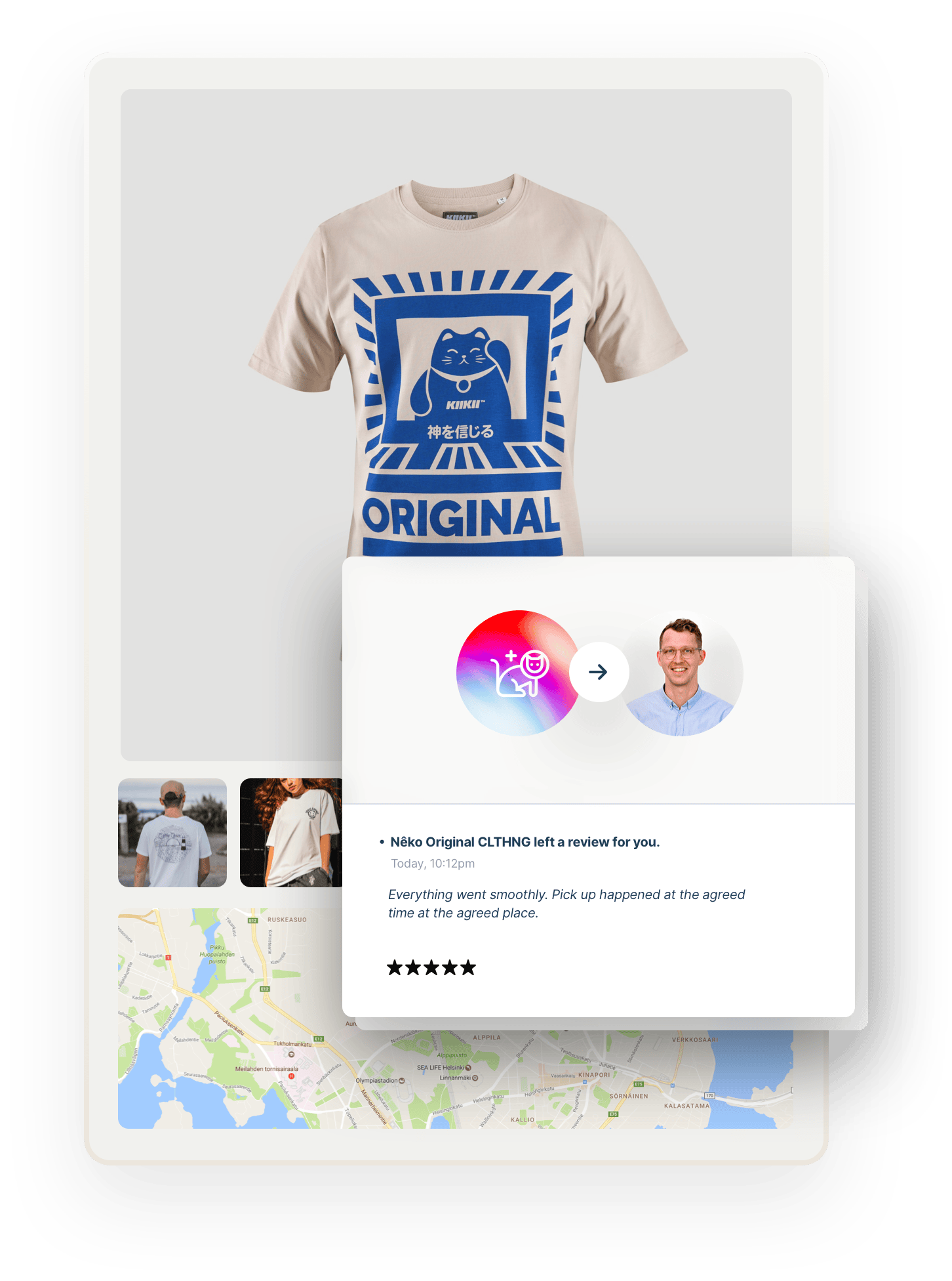 A t-shirt with a print of a stylized kitten and the text ORIGINAL. Below are images of people wearing t-shirts and a map. Overlaid on top is a box with a glowing review from a seller to a t-shirt buyer.