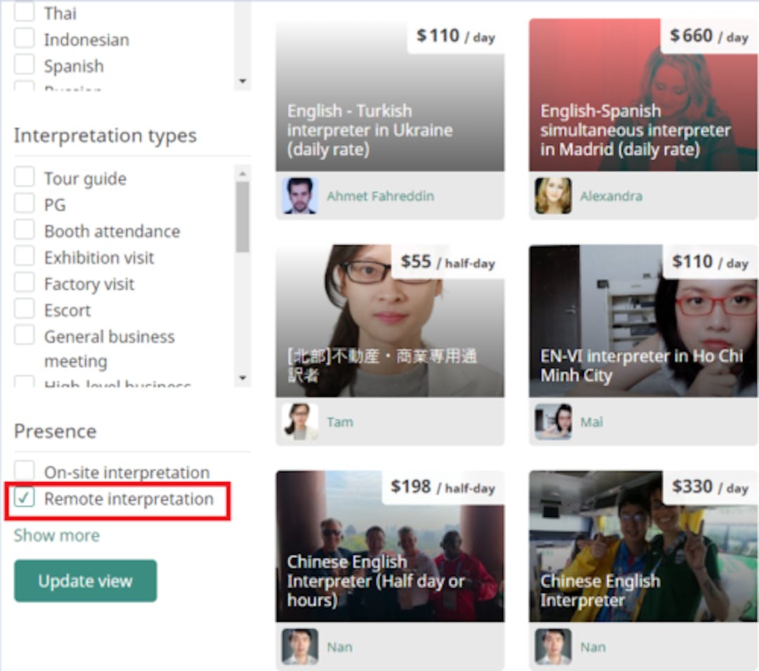 Freelensia's marketplace listing page with remote/on-site selection