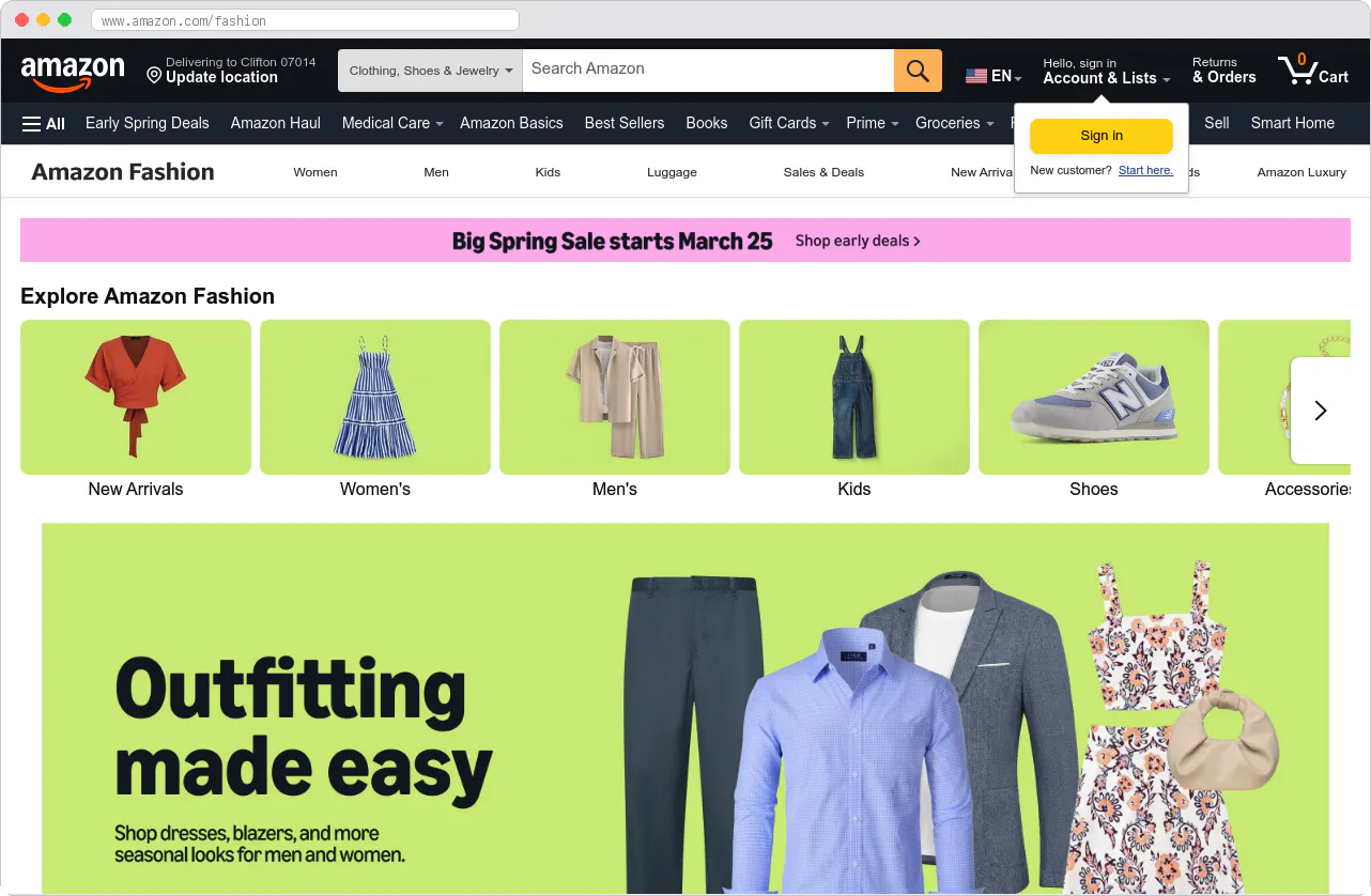 Amazon Fashion marketplace homepage screenshot