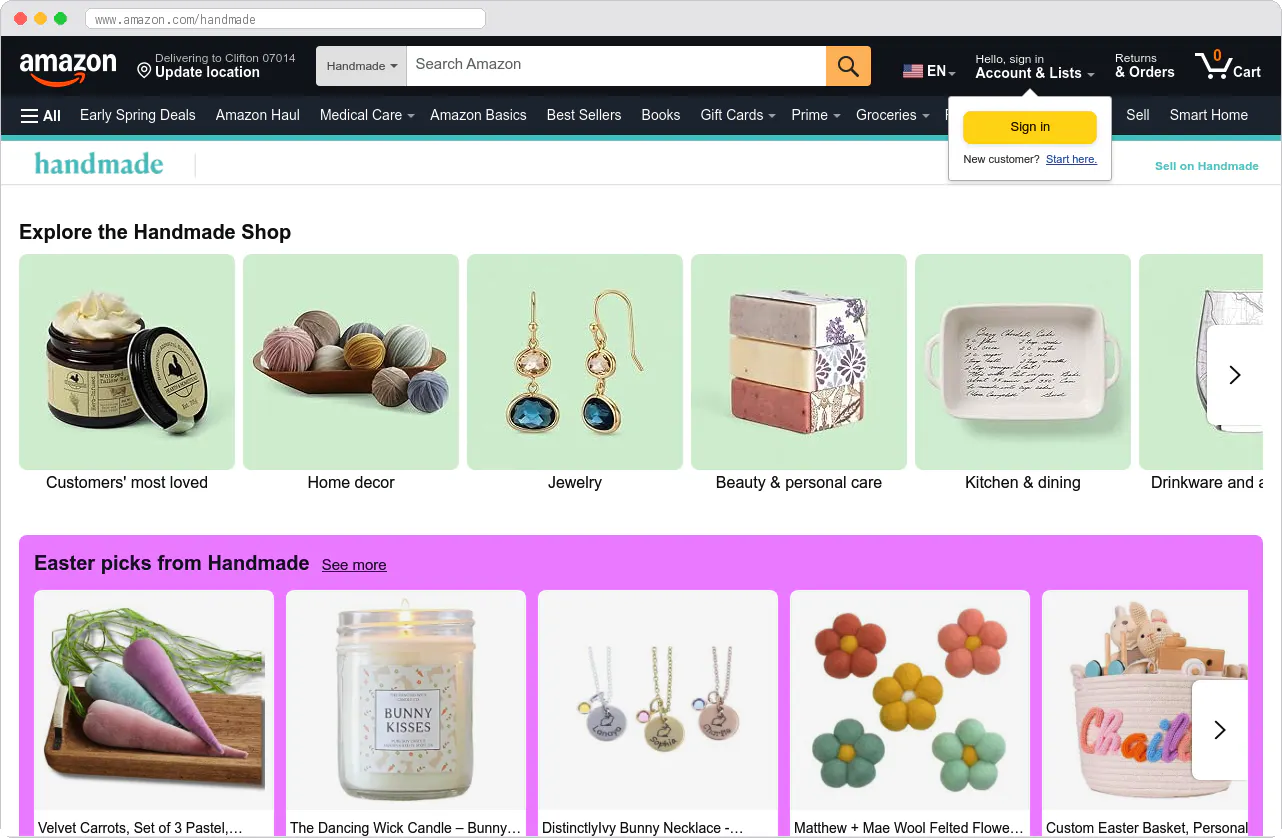 Amazon Handmade marketplace homepage screenshot