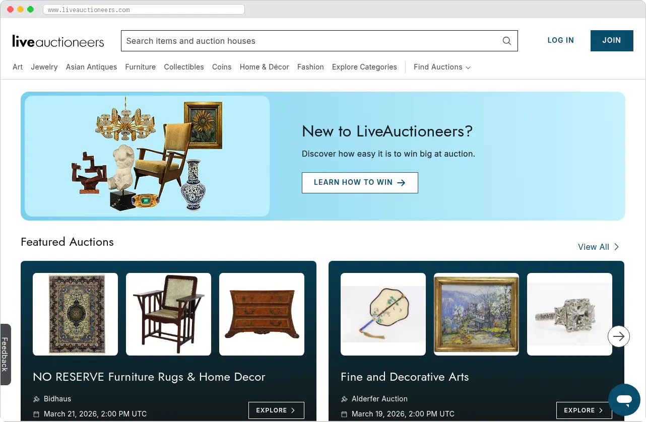 LiveAuctioneers marketplace homepage screenshot