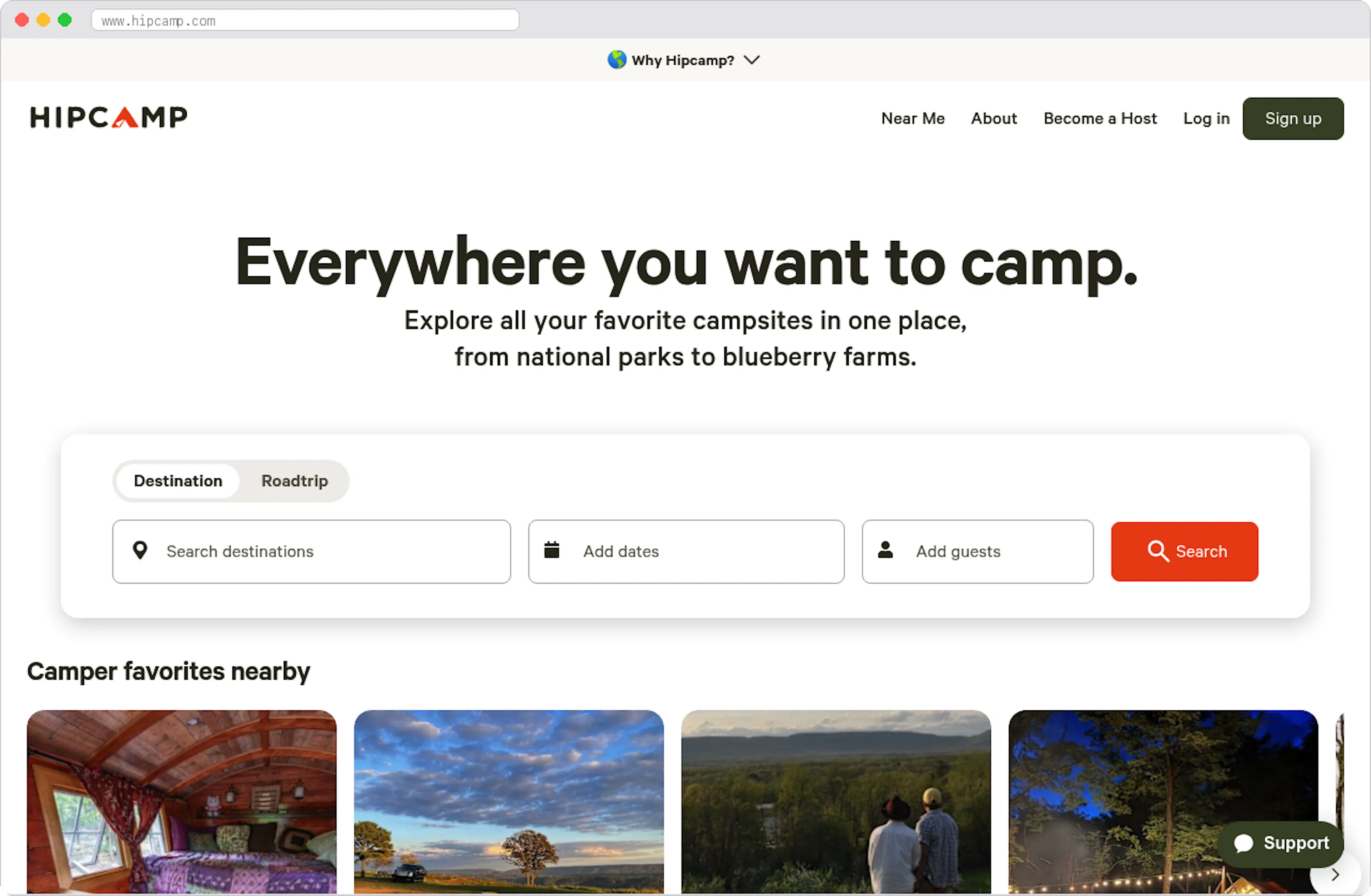 Hipcamp marketplace homepage screenshot