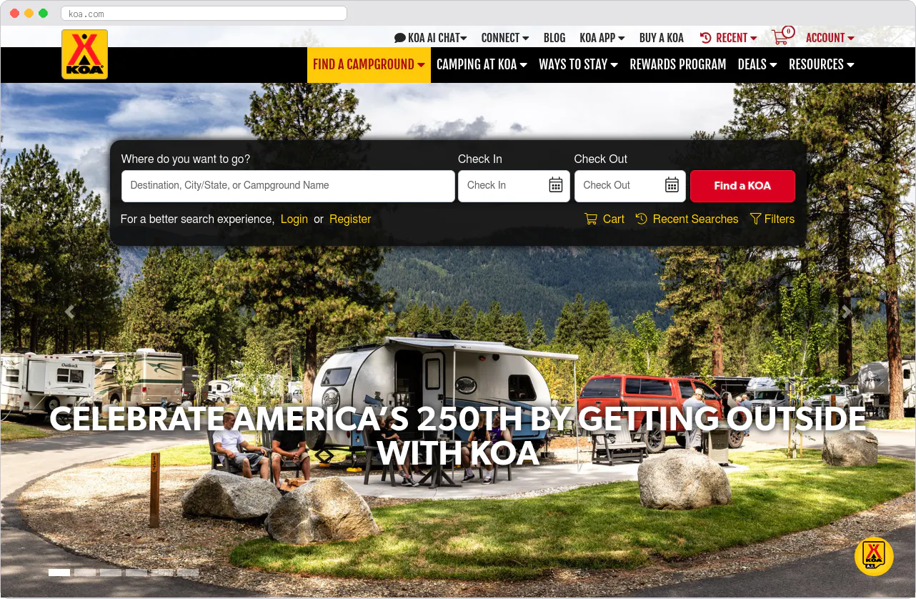 KOA (Kampgrounds of America) marketplace homepage screenshot