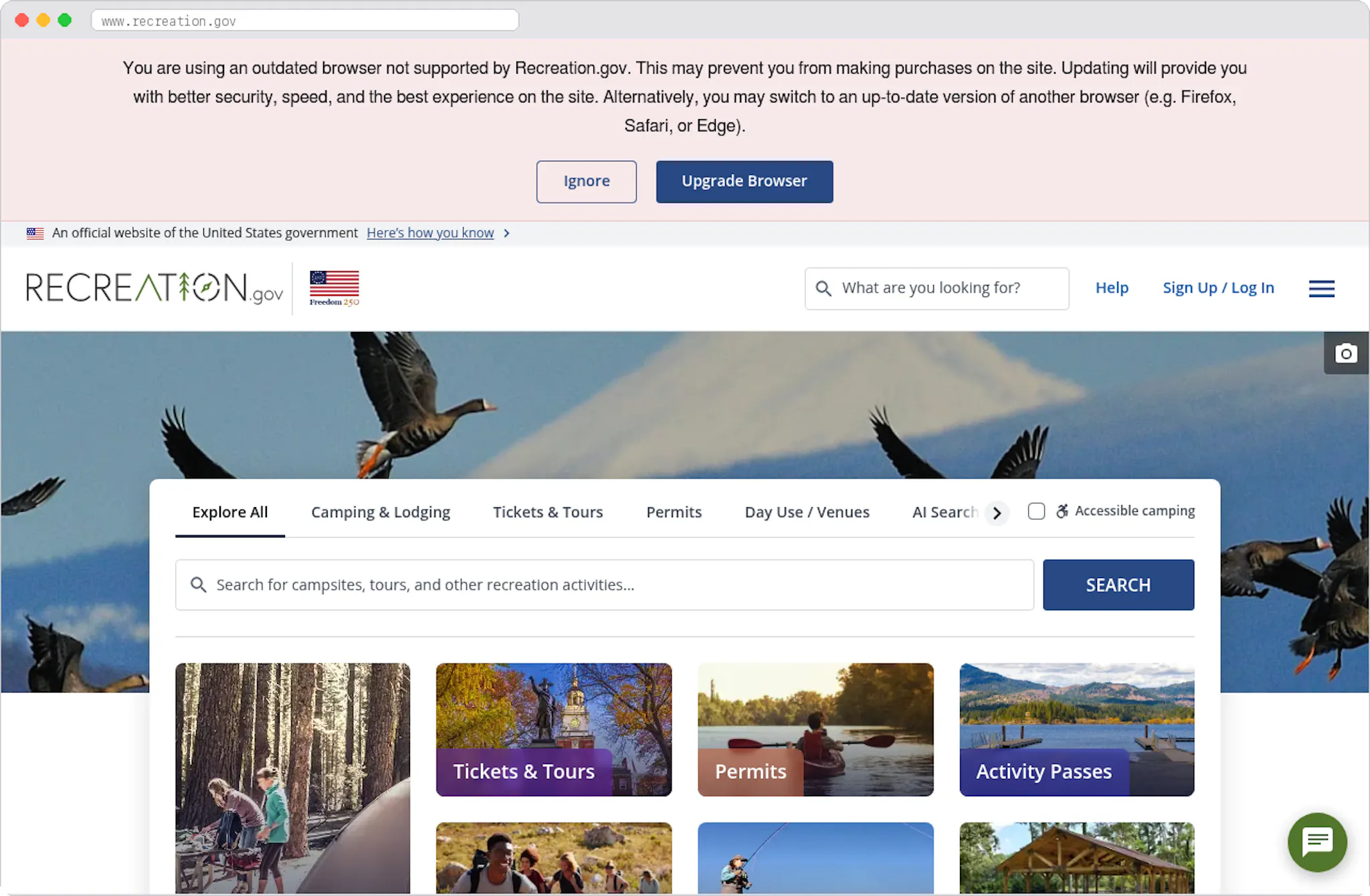 Recreation.gov marketplace homepage screenshot