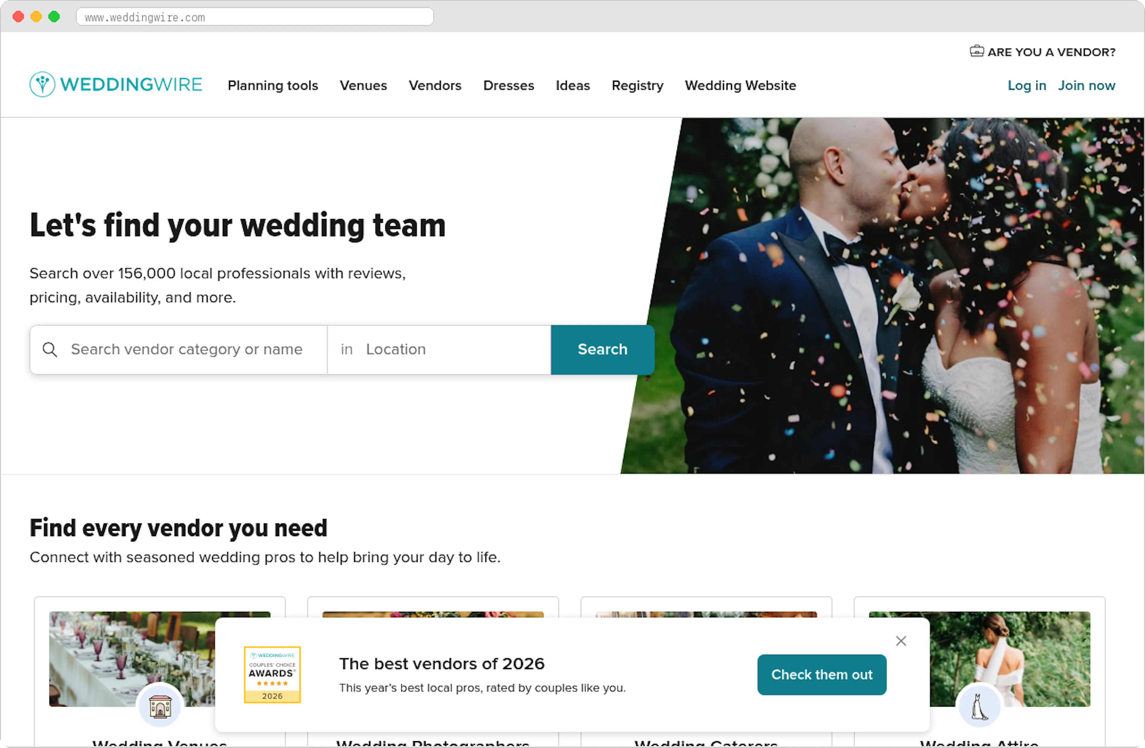 WeddingWire and The Knot marketplace homepage screenshot