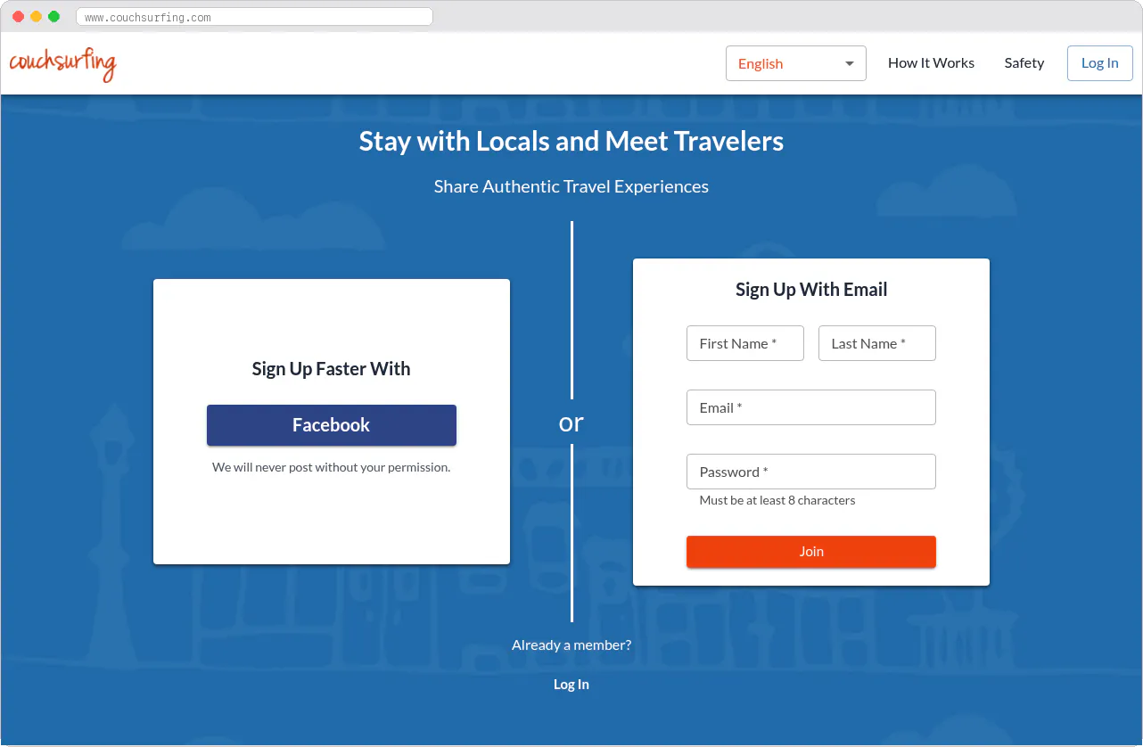 Couchsurfing marketplace homepage screenshot