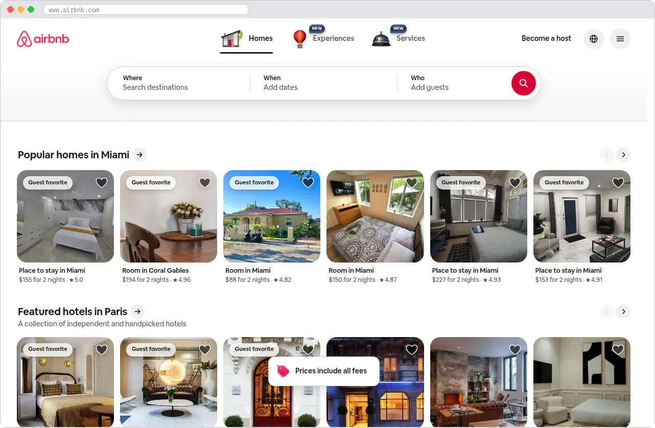 Airbnb marketplace homepage screenshot