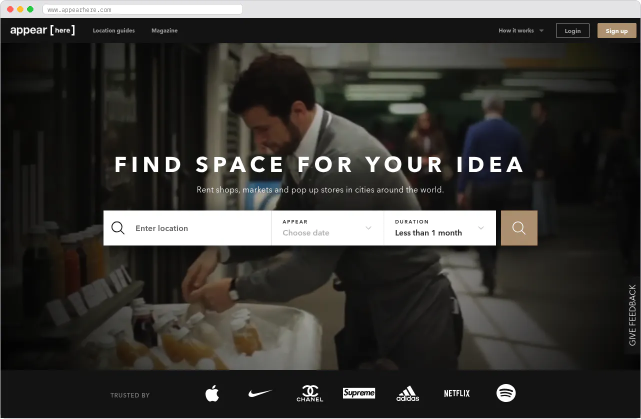 Appear Here marketplace homepage screenshot