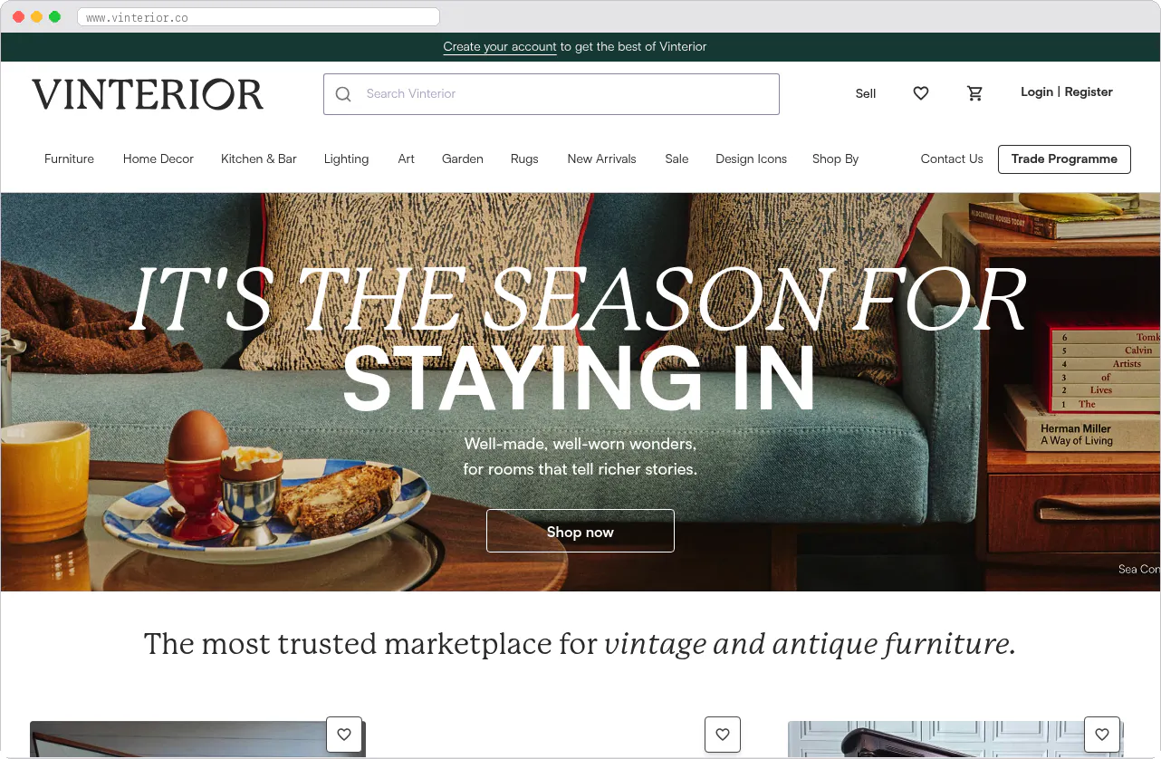 Vinterior marketplace homepage screenshot
