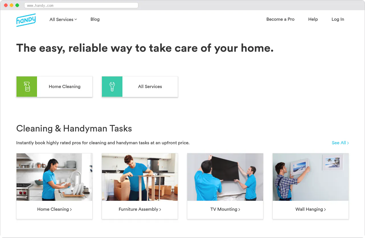 Handy marketplace homepage screenshot