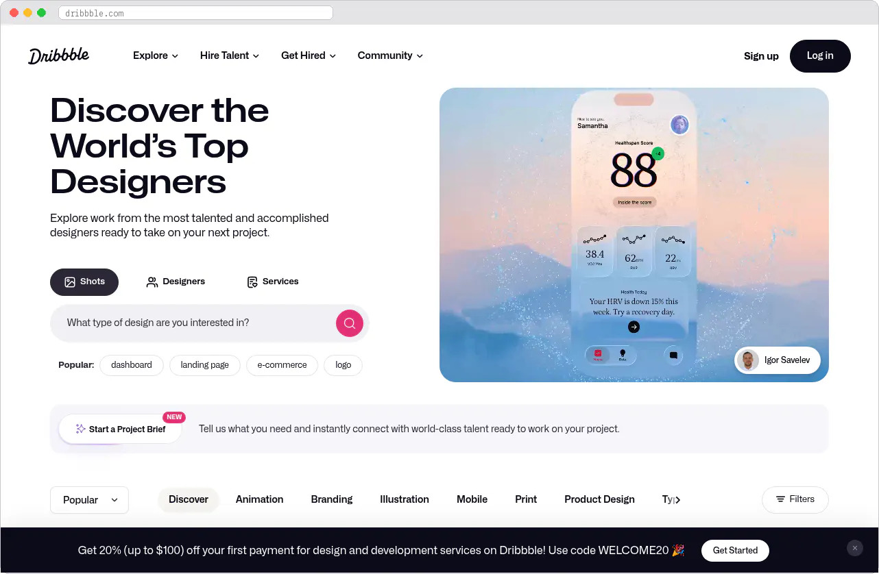 Dribbble marketplace homepage screenshot