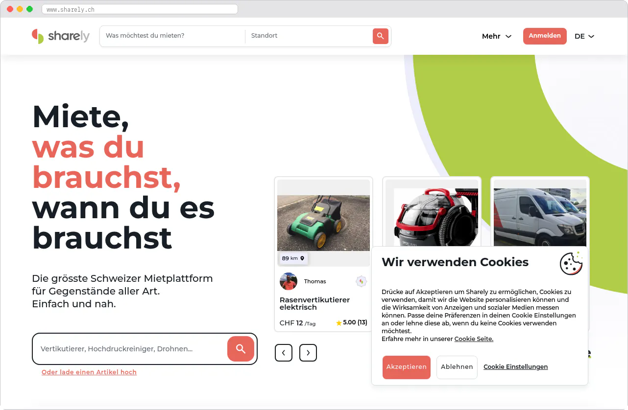 Sharely marketplace homepage screenshot