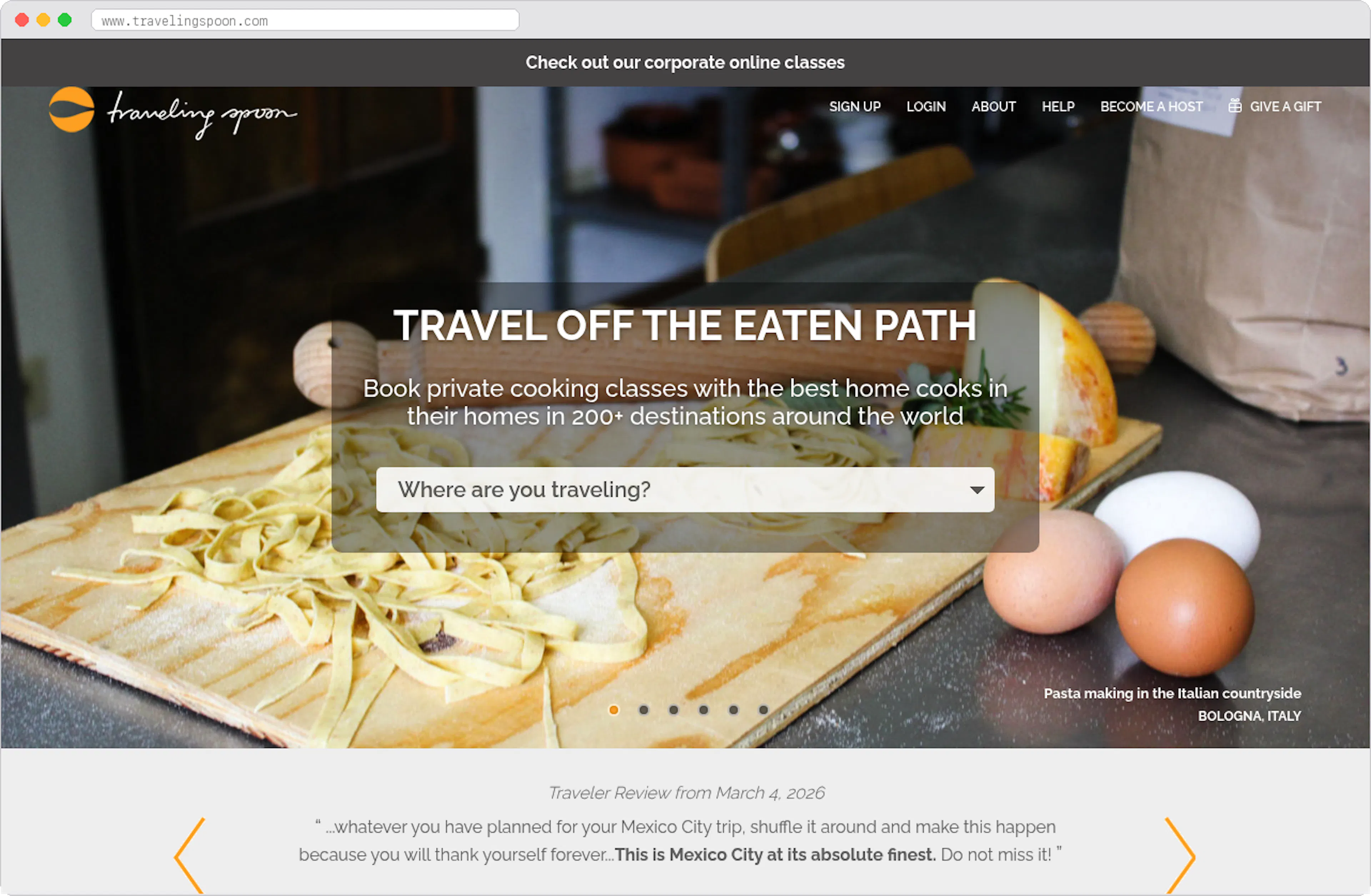 Traveling Spoon marketplace homepage screenshot