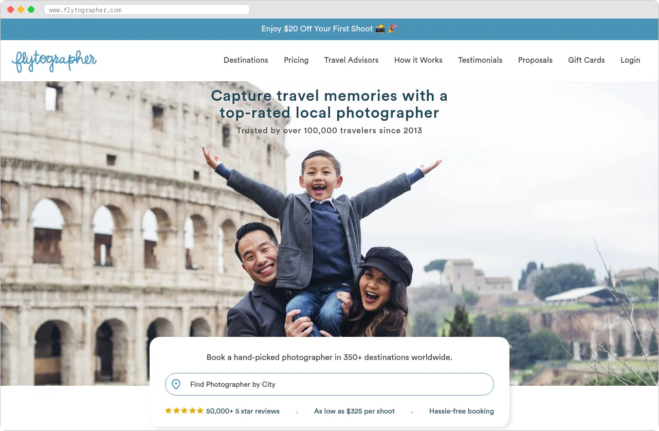 Flytographer marketplace homepage screenshot