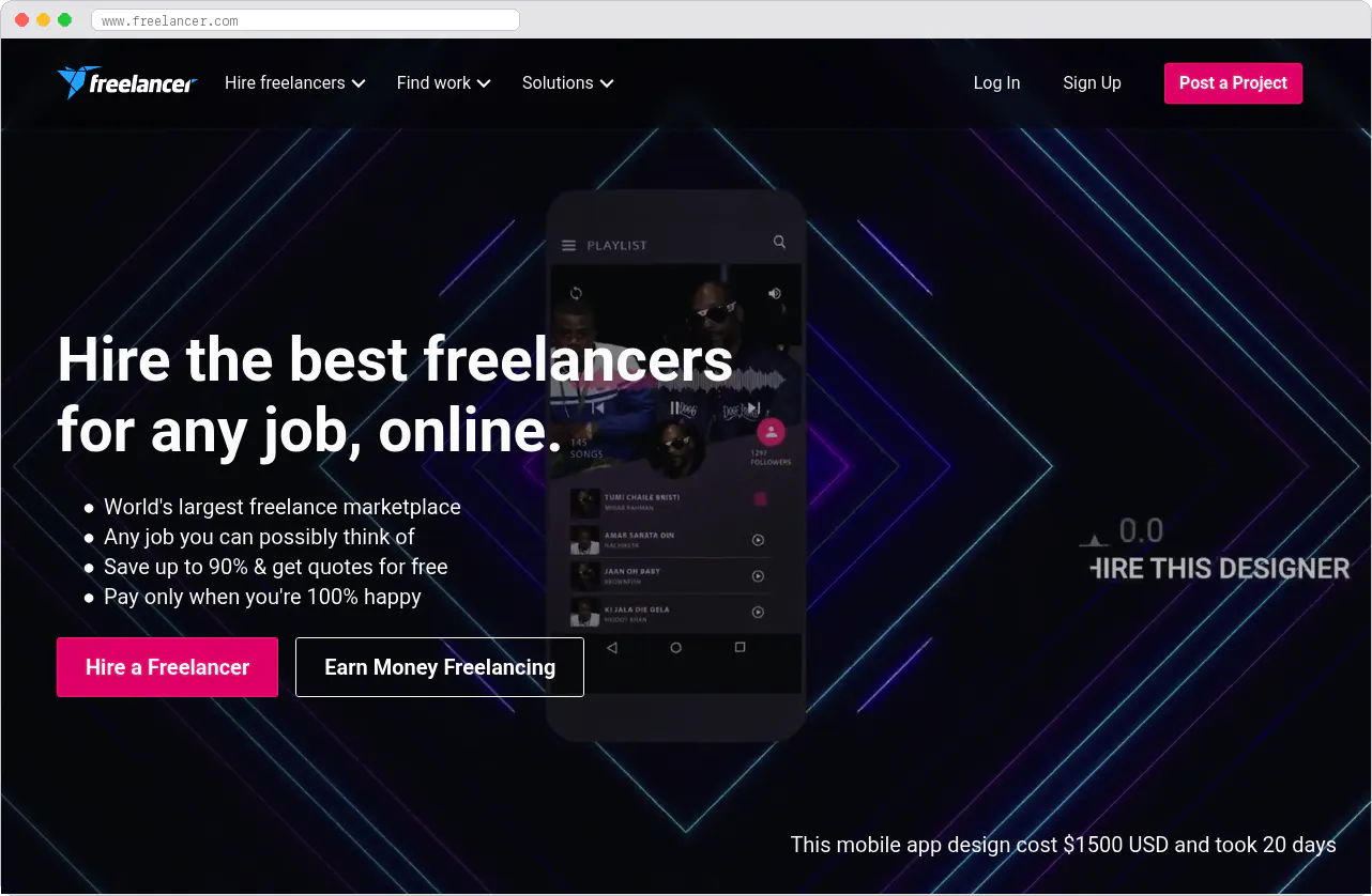 Freelancer.com marketplace homepage screenshot