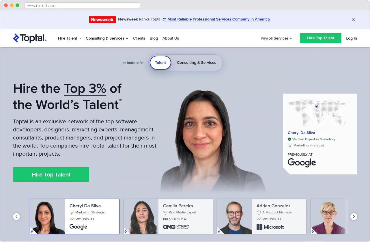 Toptal marketplace homepage screenshot