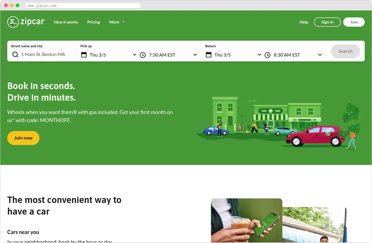 Zipcar marketplace homepage screenshot