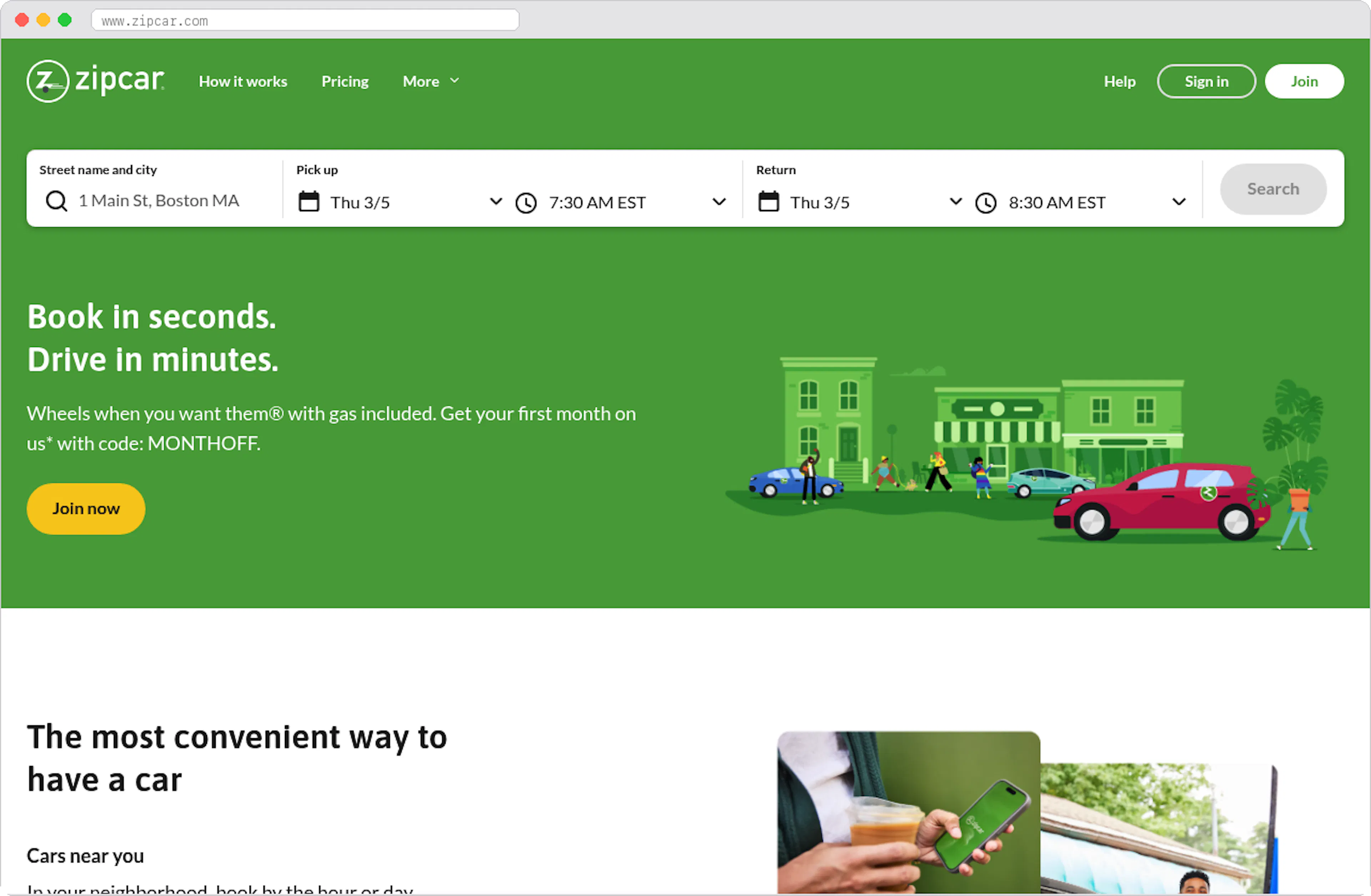 Zipcar marketplace homepage screenshot