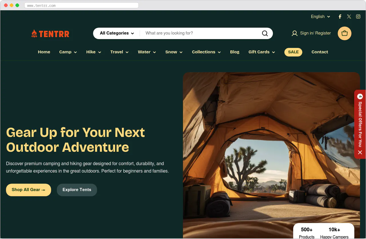 Tentrr marketplace homepage screenshot