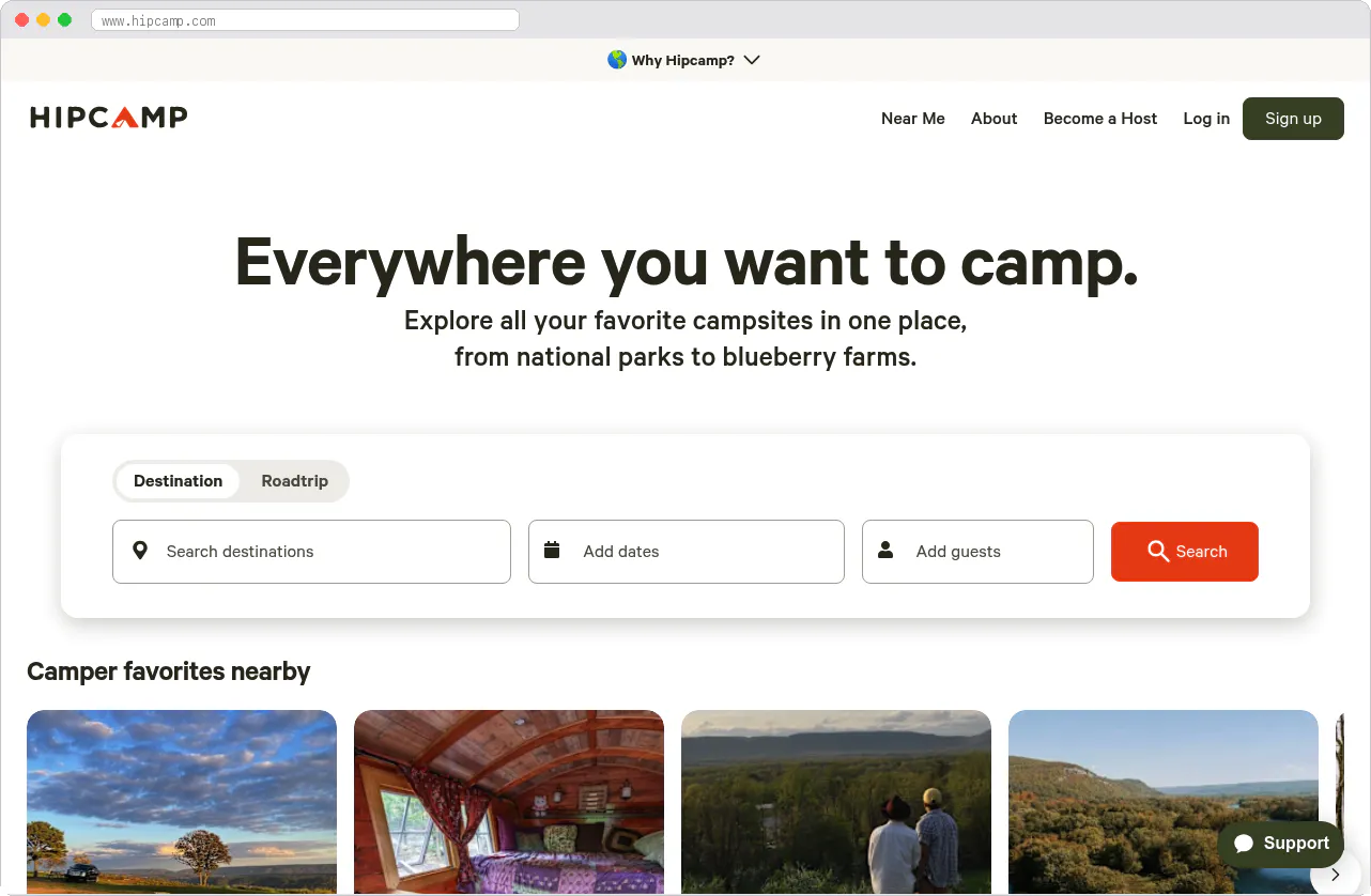 Hipcamp marketplace homepage screenshot