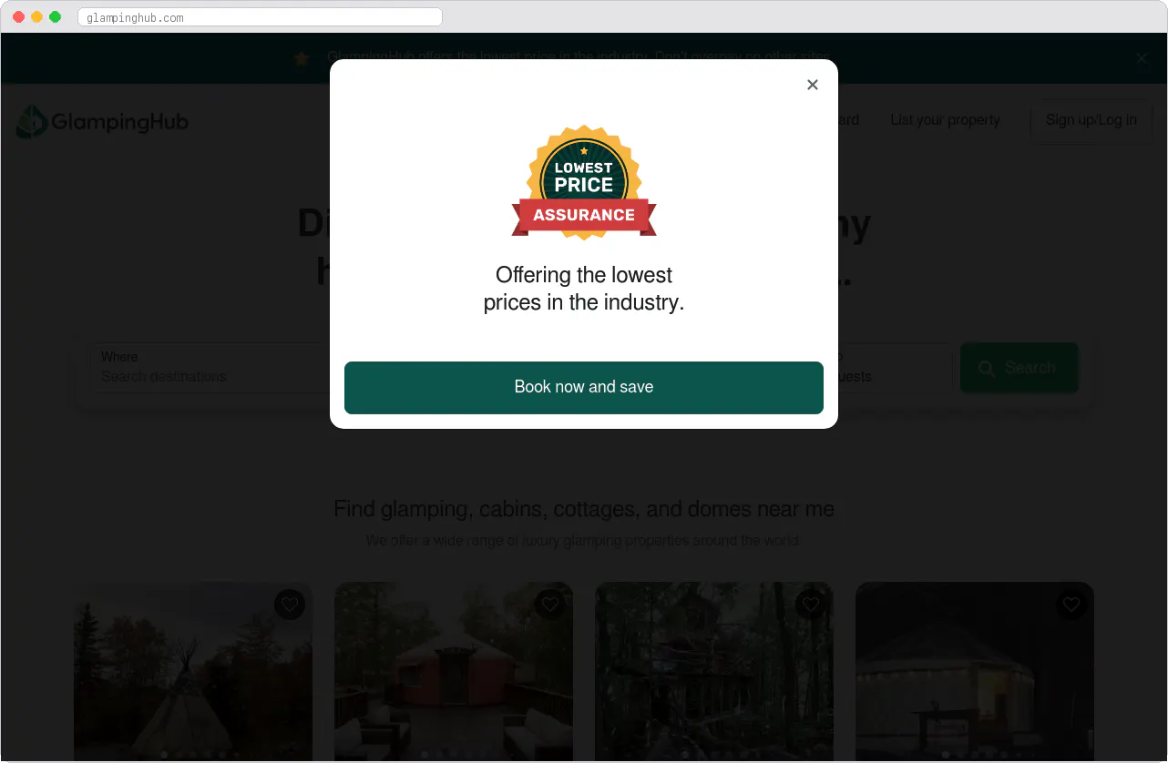 Glamping Hub marketplace homepage screenshot