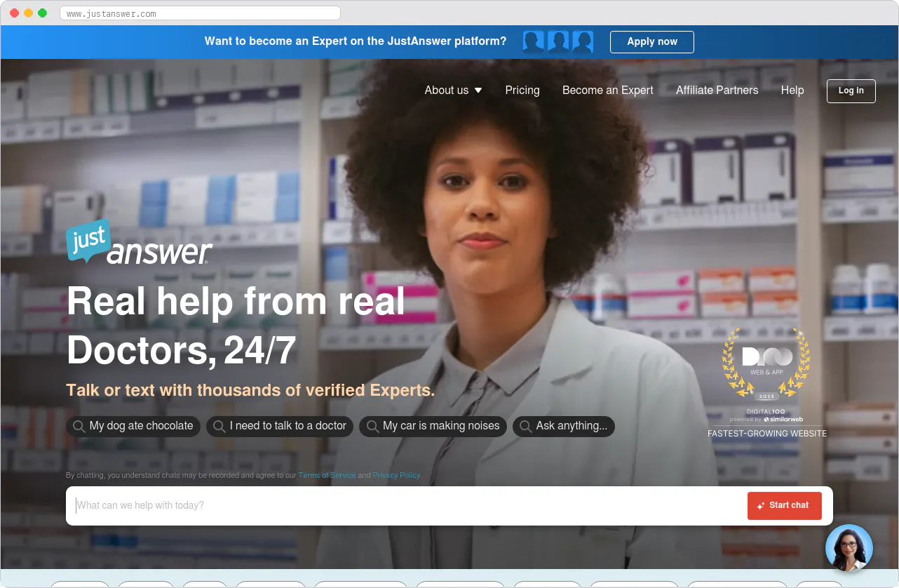 JustAnswer marketplace homepage screenshot