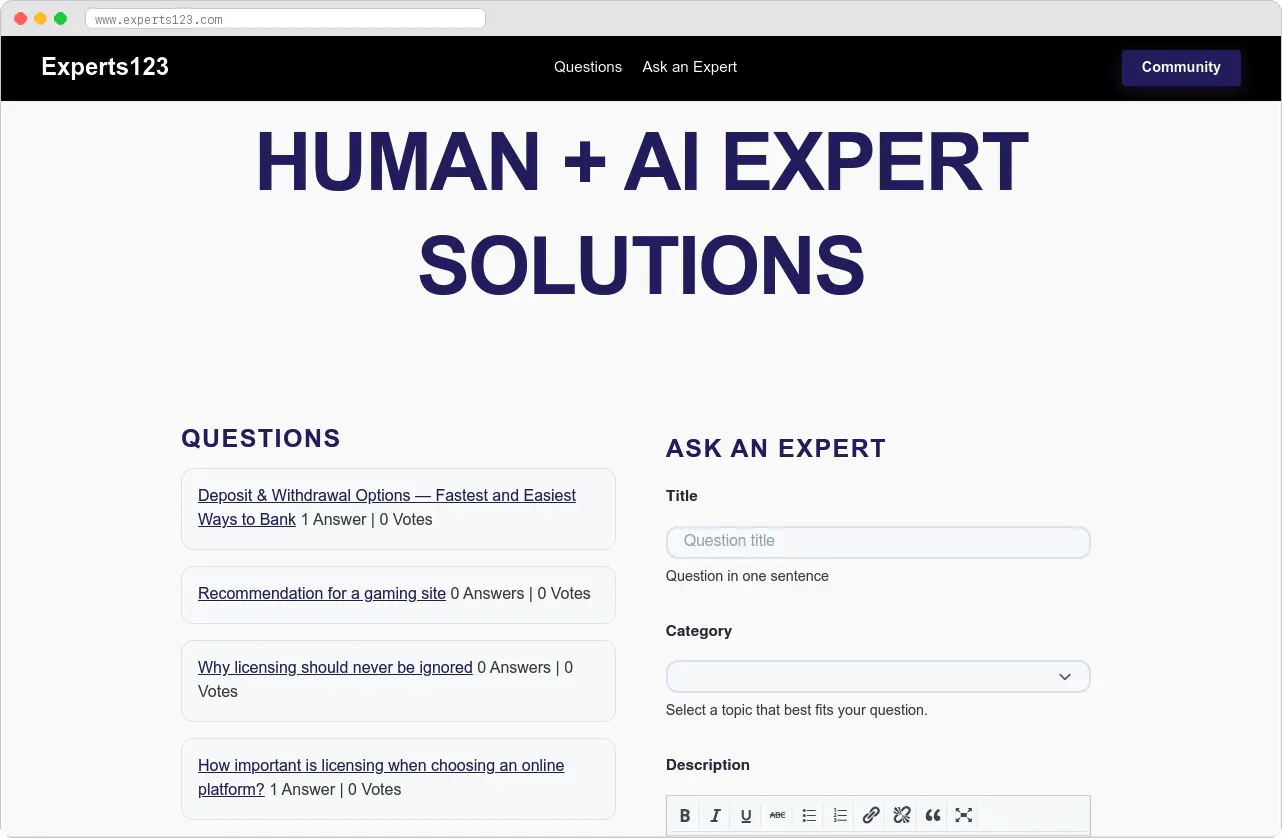 Experts123 marketplace homepage screenshot