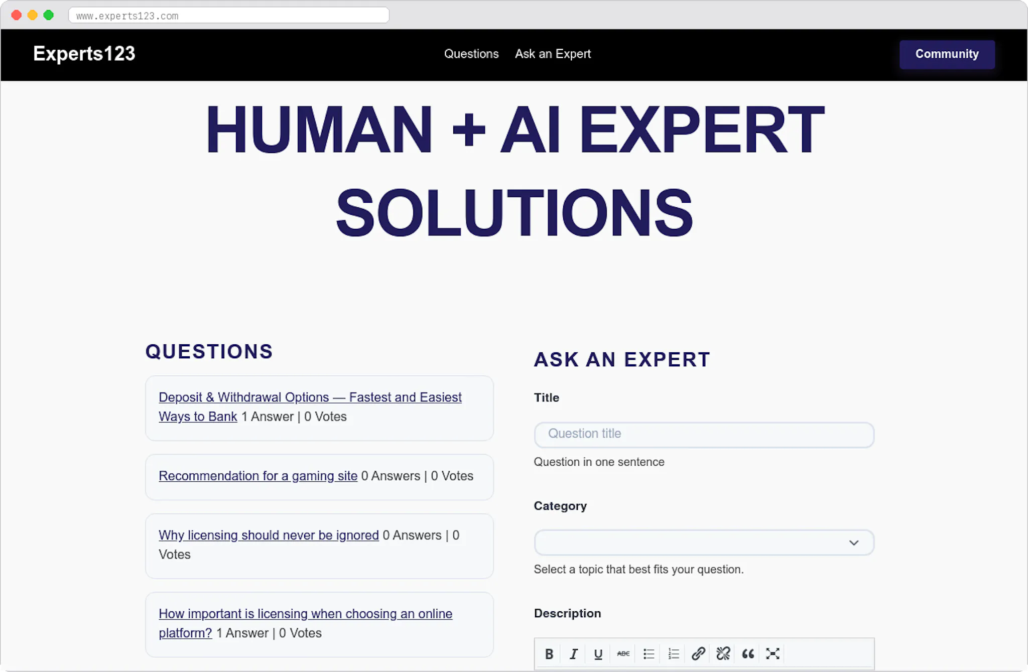 Experts123 marketplace homepage screenshot