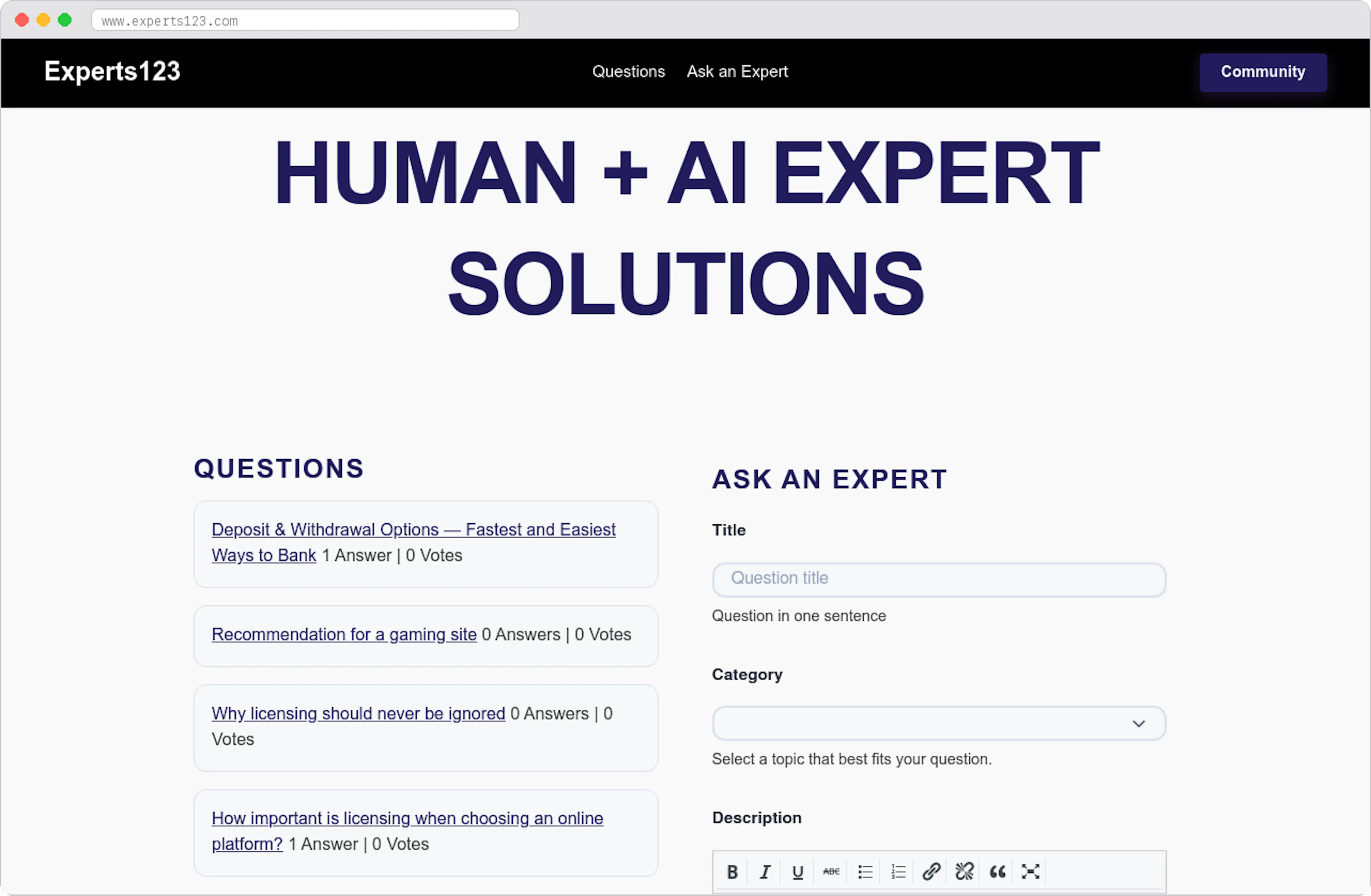 Experts123 marketplace homepage screenshot