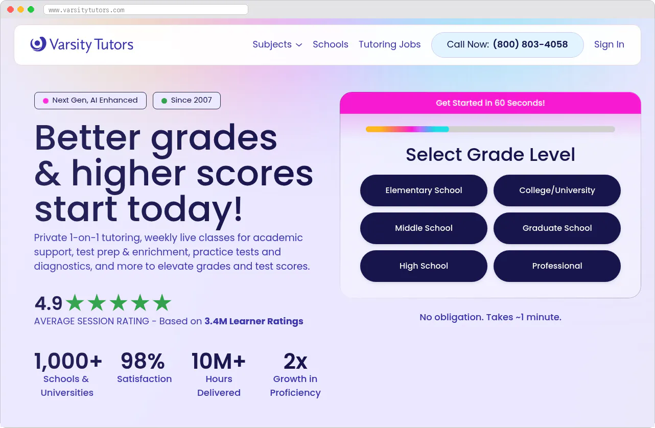 Varsity Tutors marketplace homepage screenshot