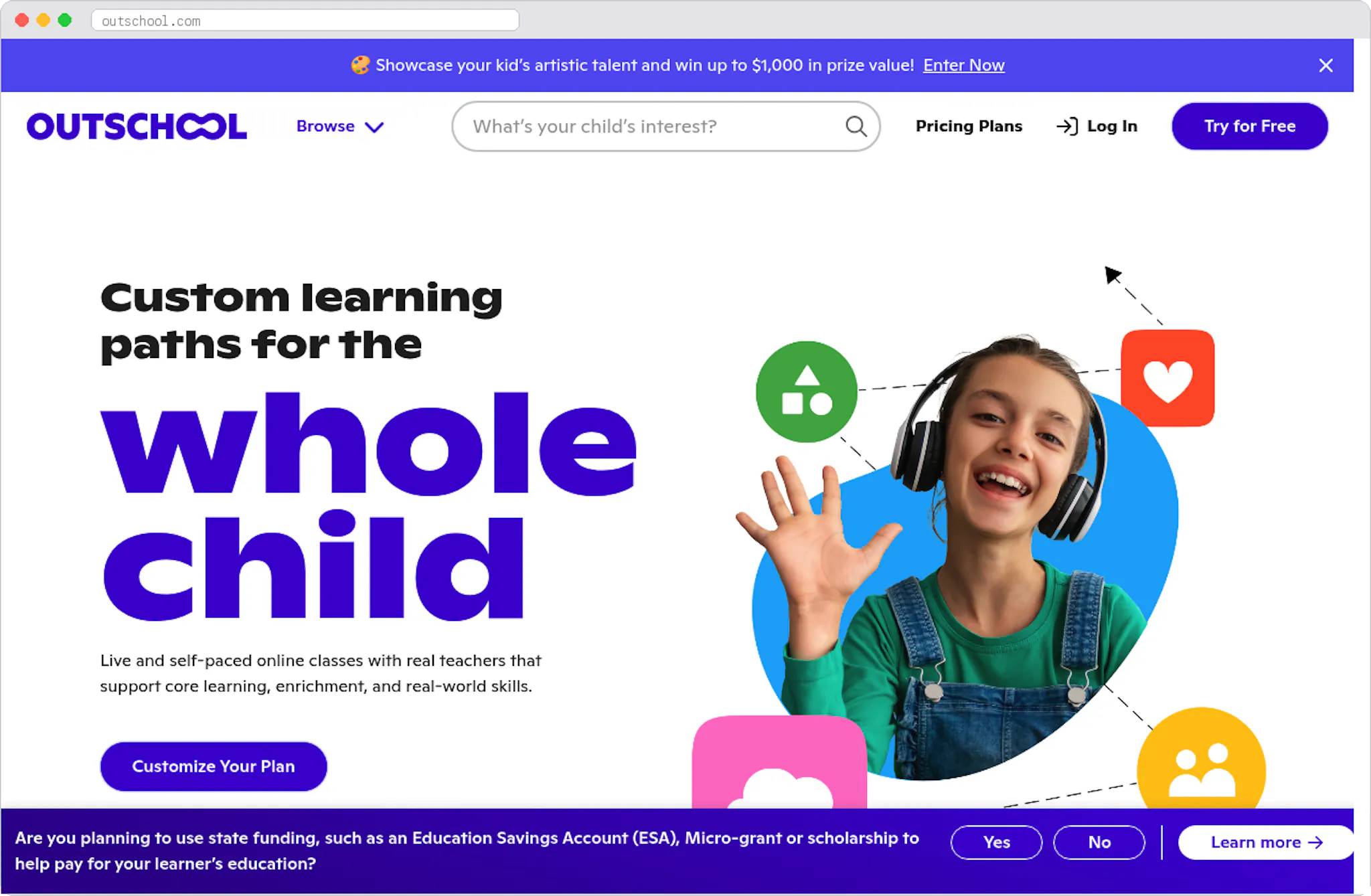 Outschool marketplace homepage screenshot