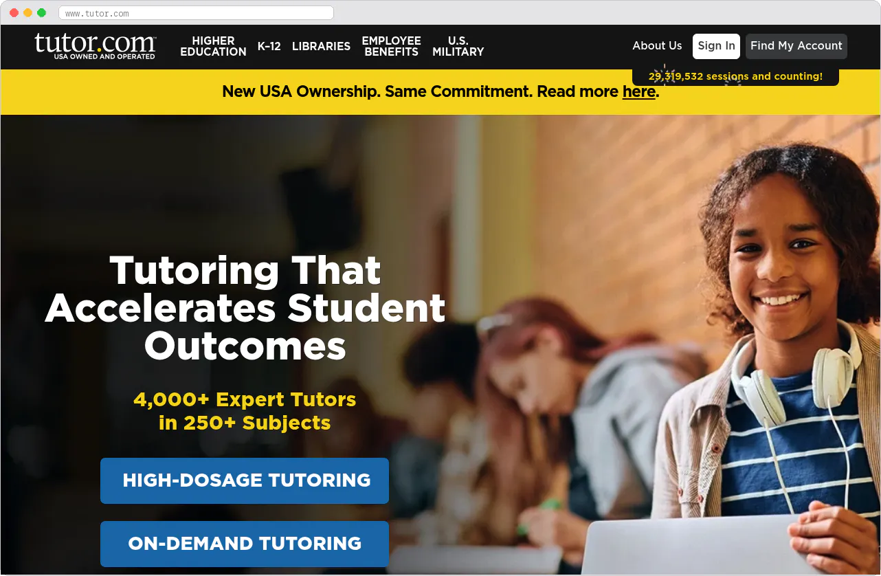 Tutor.com marketplace homepage screenshot
