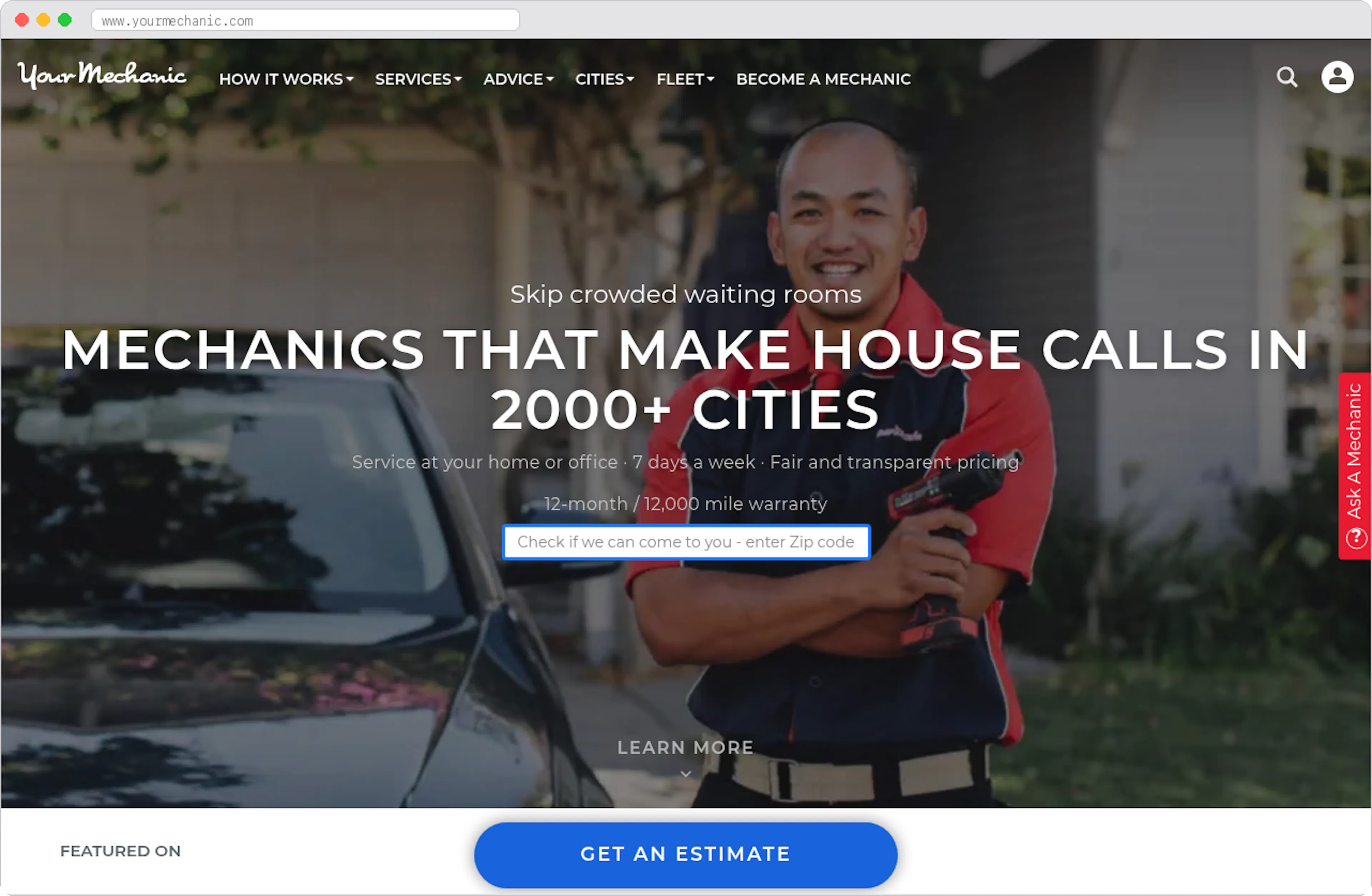 YourMechanic marketplace homepage screenshot