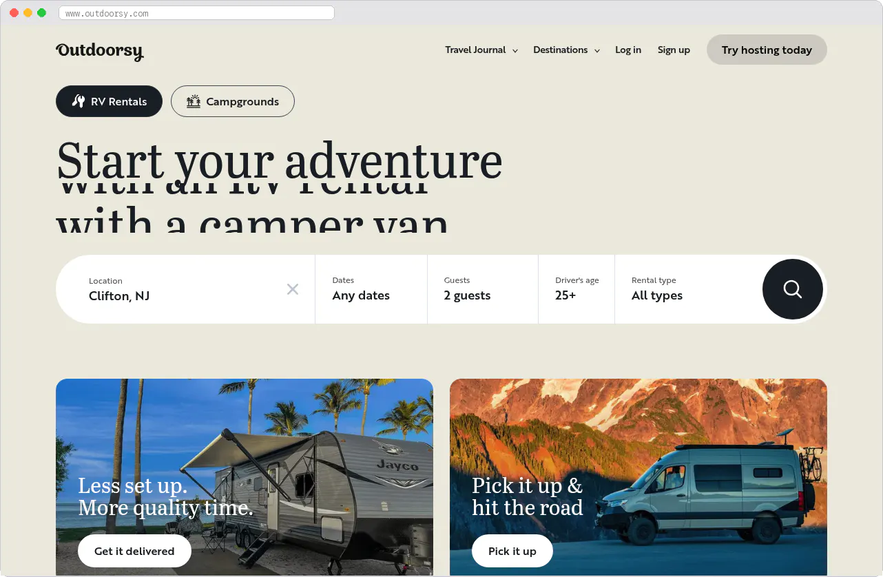 Outdoorsy marketplace homepage screenshot