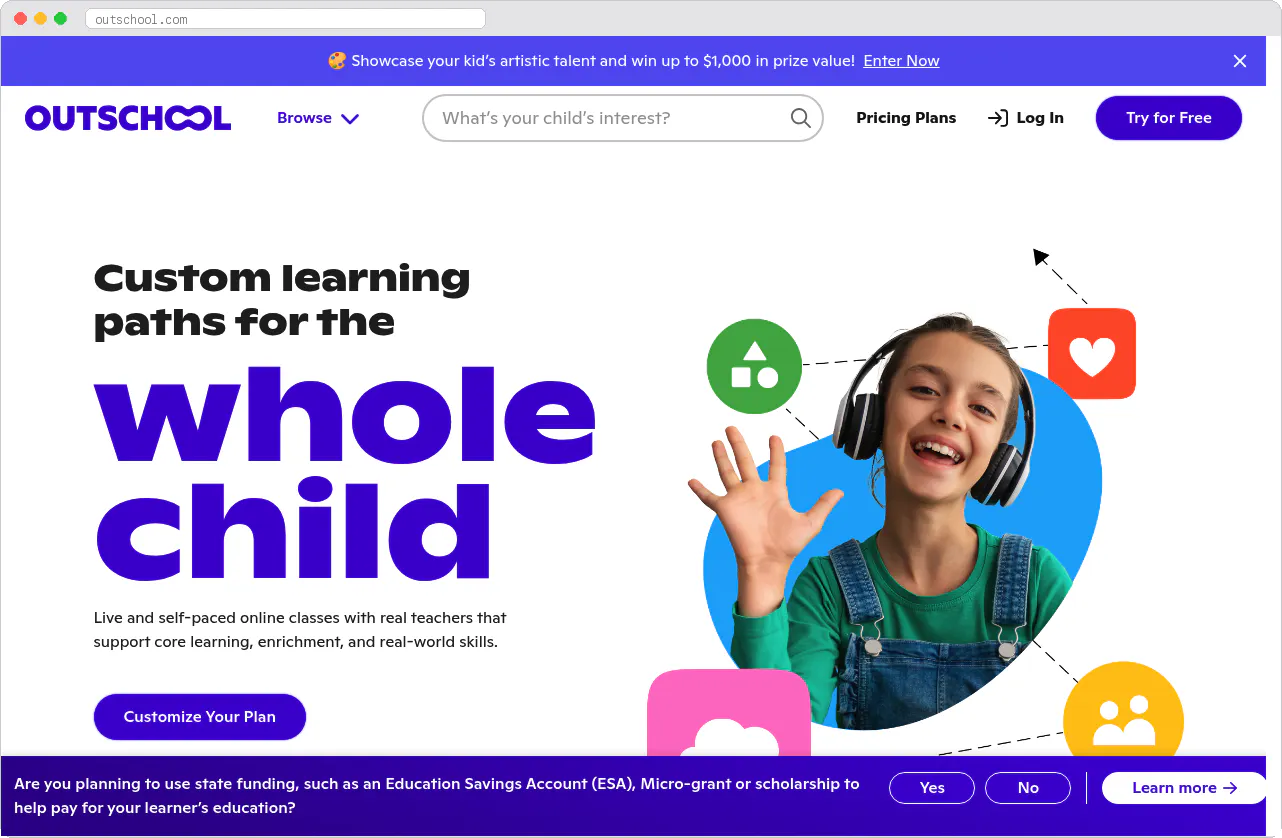 Outschool marketplace homepage screenshot