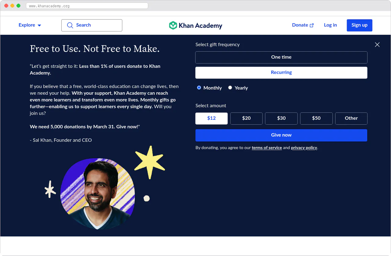 Khan Academy and educational nonprofits marketplace homepage screenshot