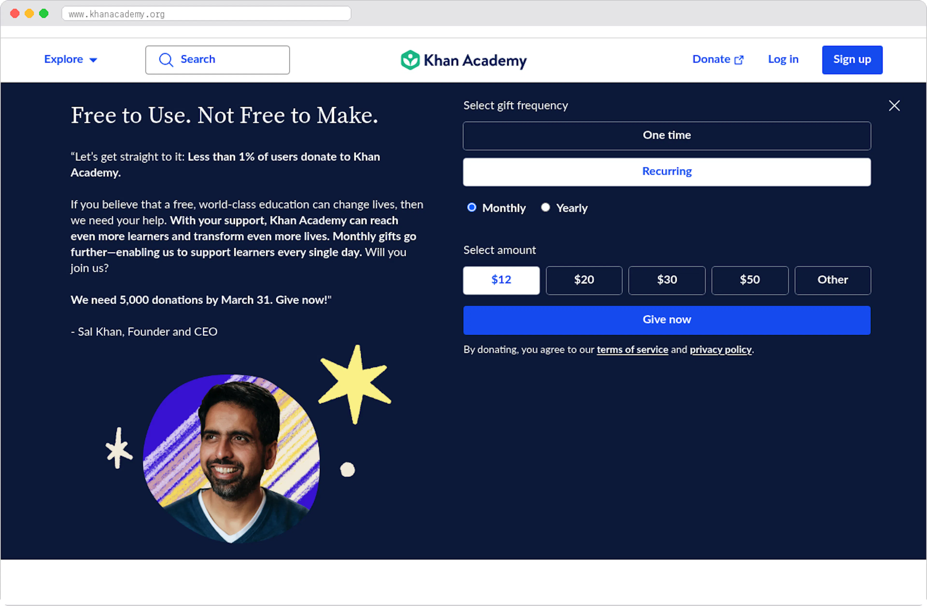 Khan Academy and educational nonprofits marketplace homepage screenshot