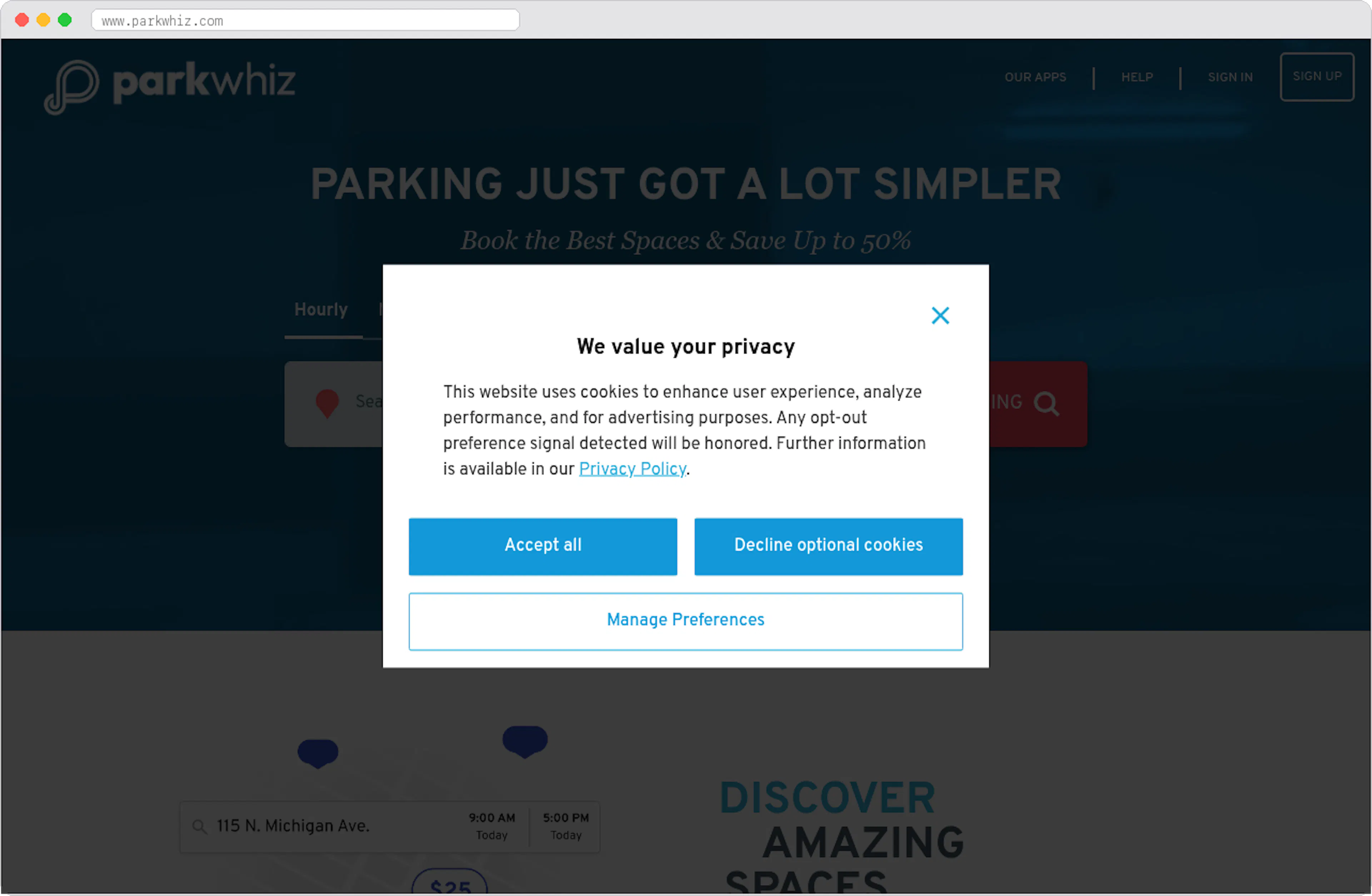 ParkWhiz marketplace homepage screenshot