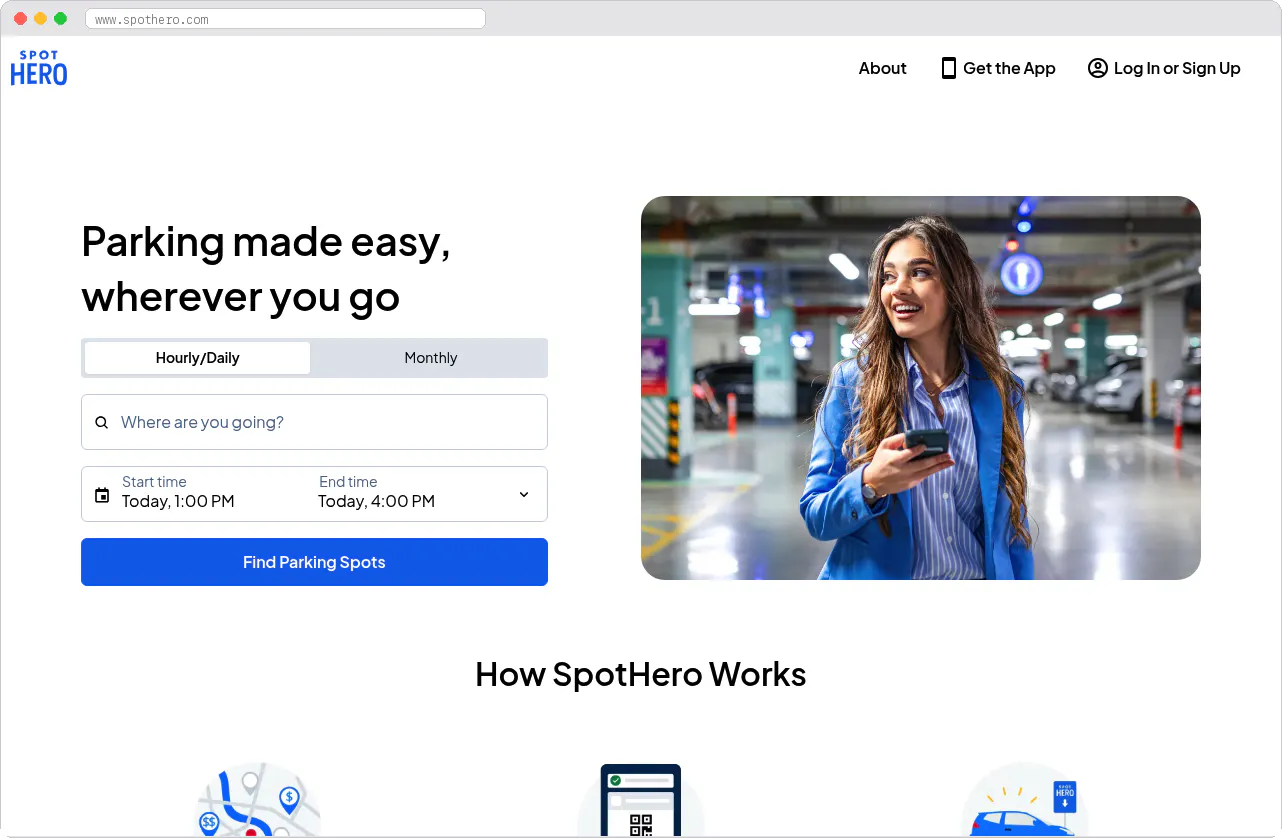 SpotHero marketplace homepage screenshot