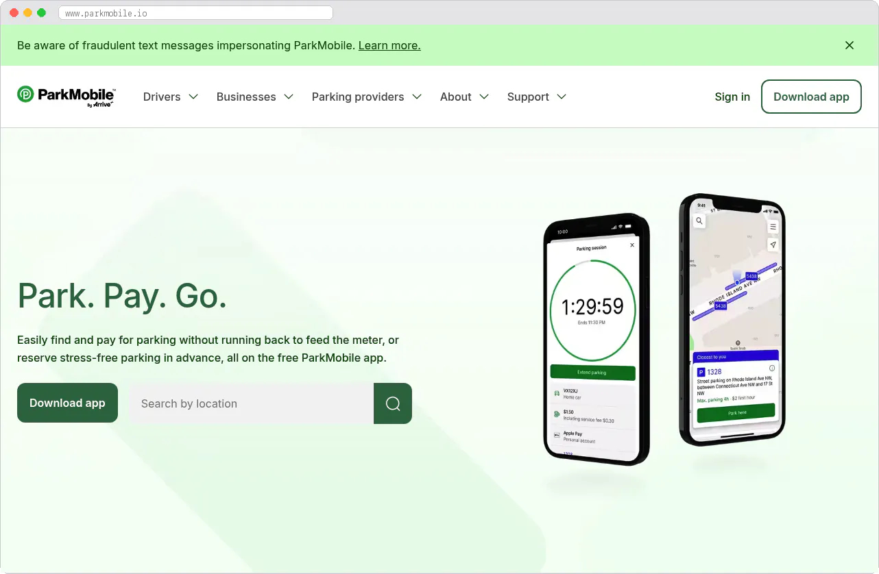 ParkMobile marketplace homepage screenshot