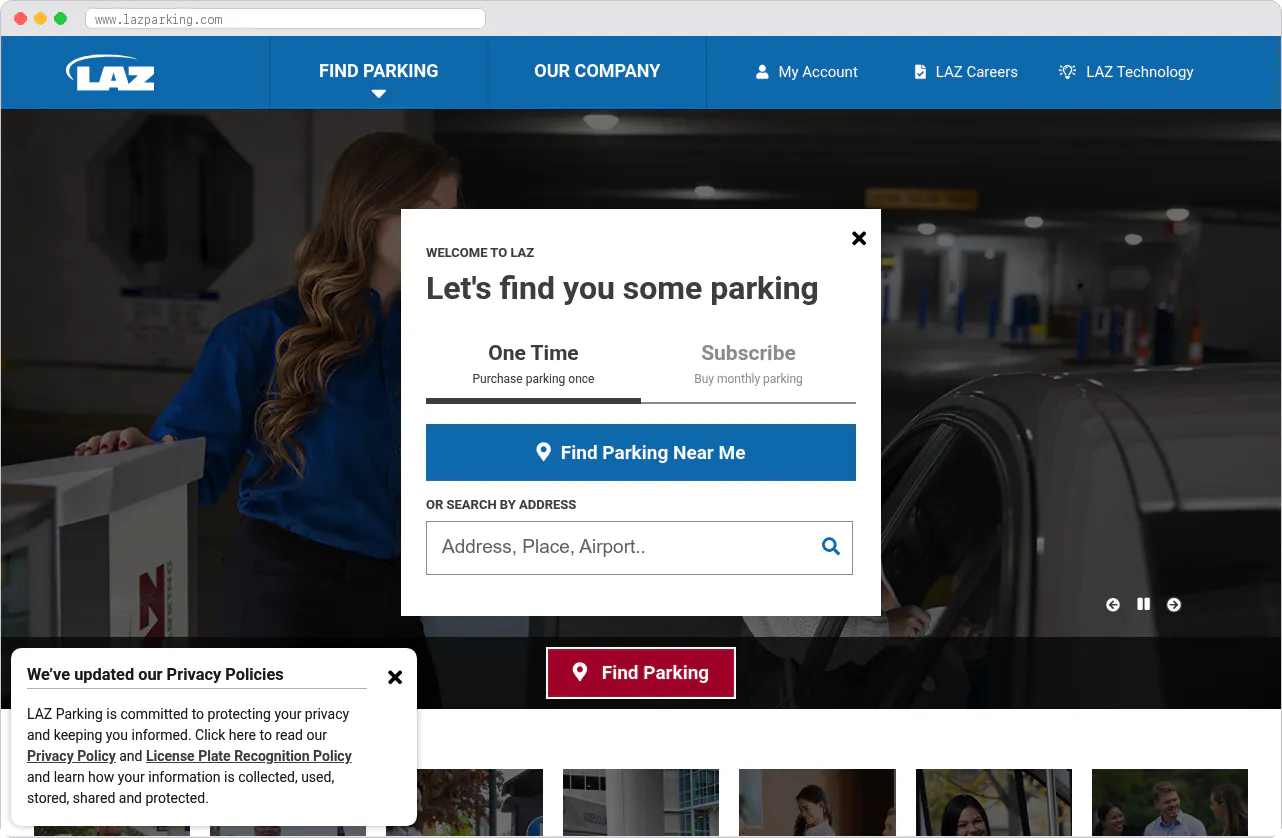 LAZ Parking and REEF marketplace homepage screenshot